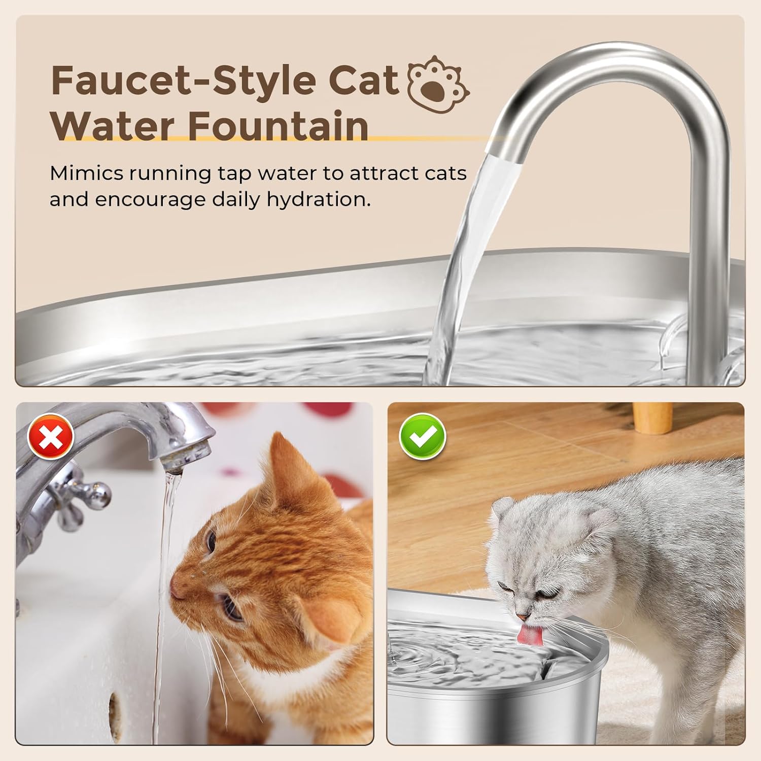 Thumbnail 1 de Invengo MeowFlow B30 2.2L stainless steel cat water fountain with visible water window
