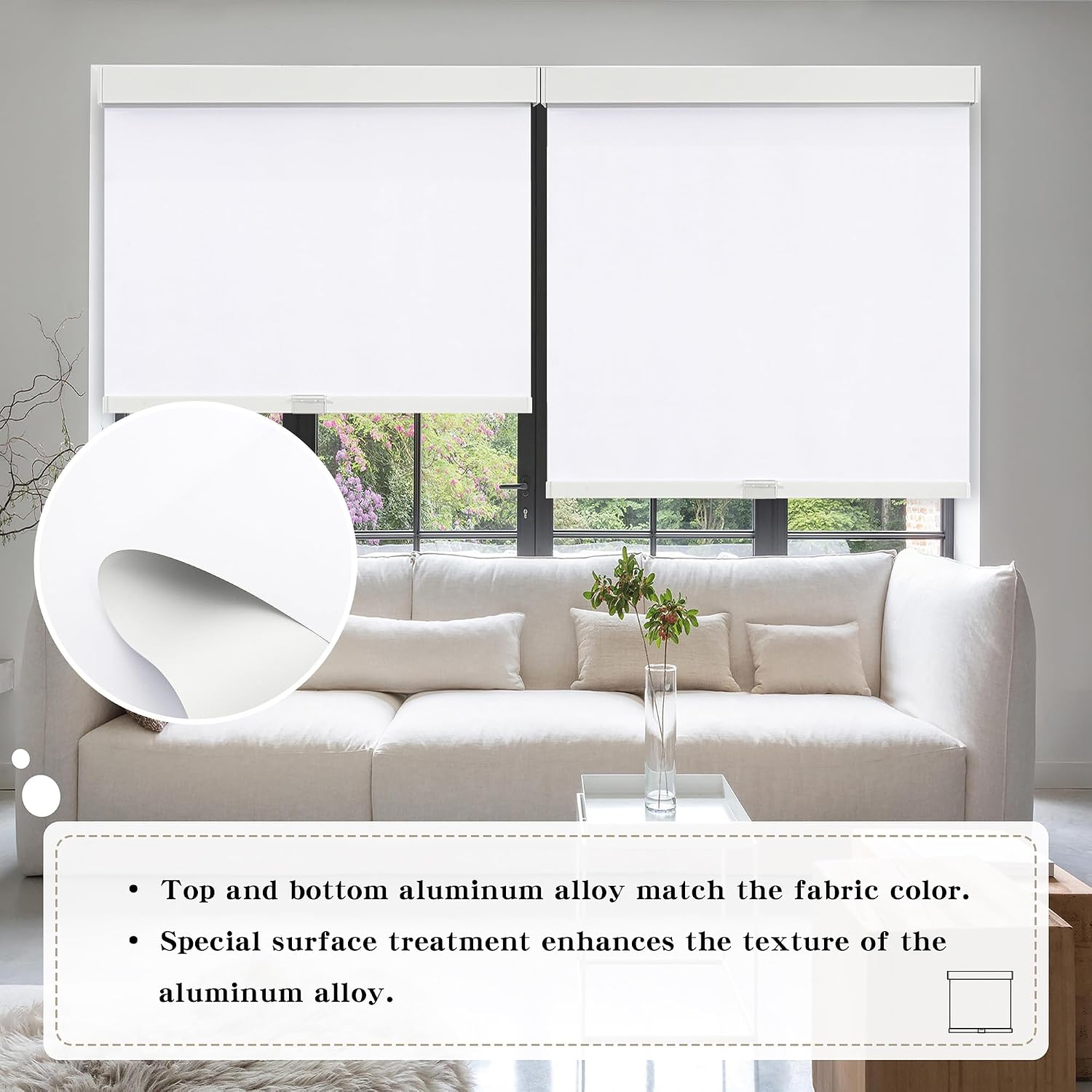 Detalle de SUNOFF Cordless Blackout Roller Shade, 40"W x 72"H, White with Valance