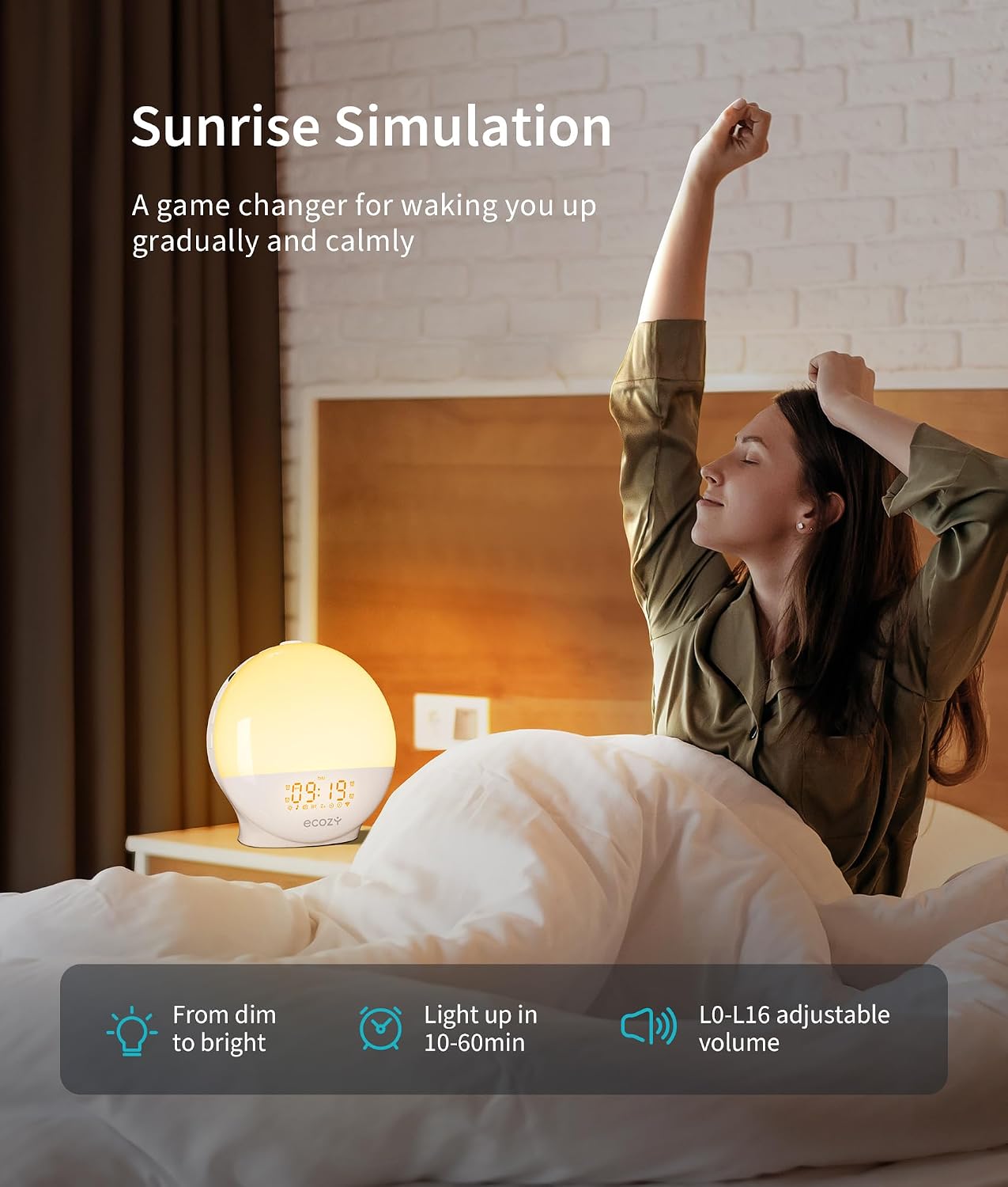 Detalle 2 de ecozy E80S Sunrise Alarm Clock with App Control, Sunset Simulation and FM Radio