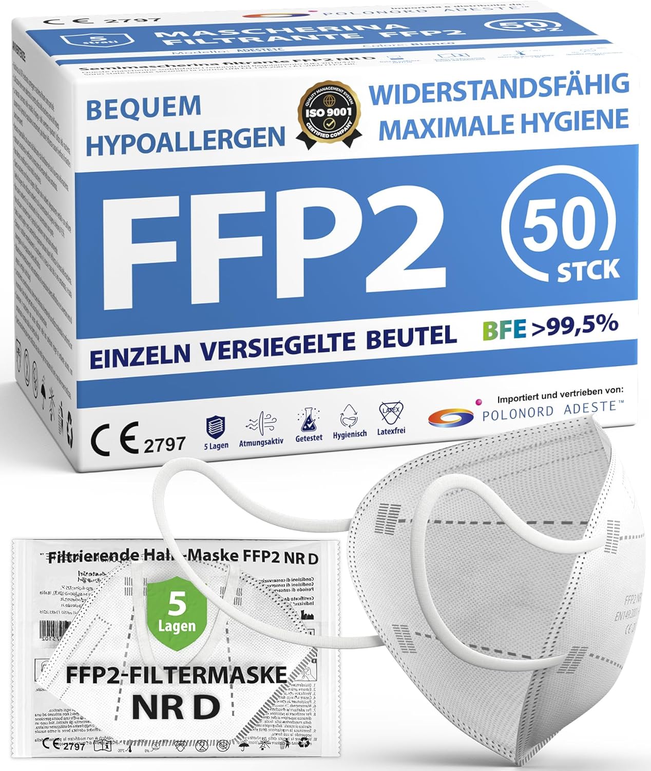 Thumbnail 6 de ADESTE – 50x FFP2 Maske, 5‑lagig, ventillose Mundschutzmaske EN 149:2001+A1:2009, Weiß, einzeln verpackt