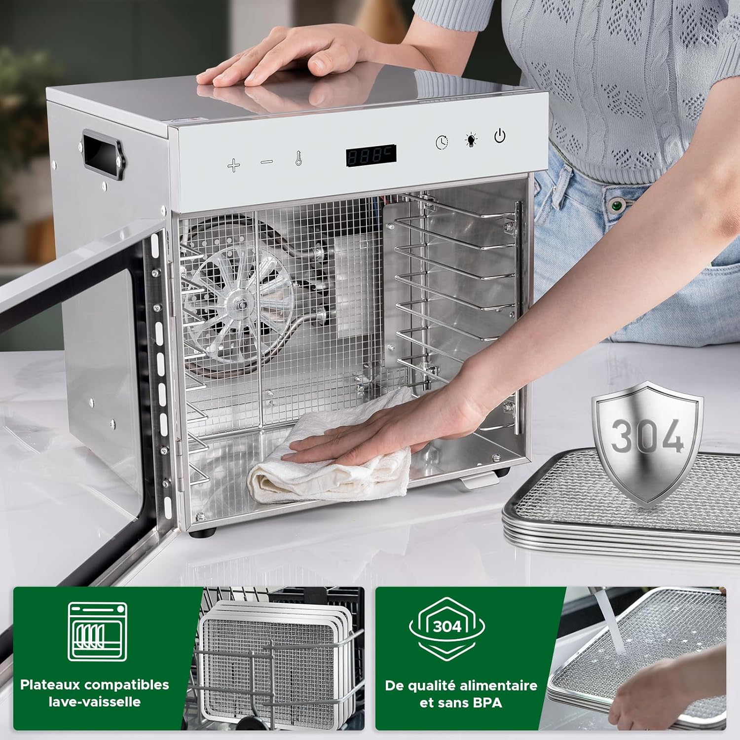 Thumbnail 5 de Kwasyo déshydrateur alimentaire en acier inoxydable 8 plateaux (30 à 90 °C) avec minuterie 24 h