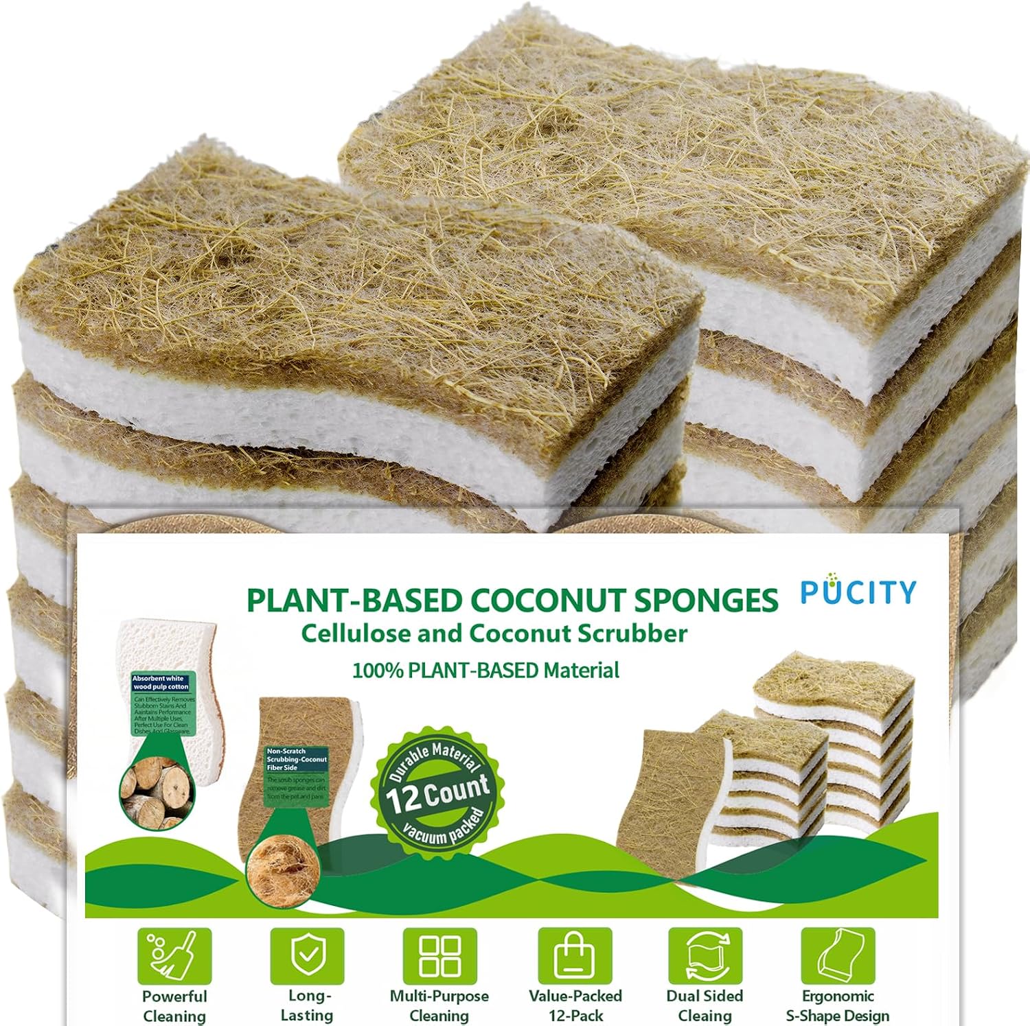 Detalle de Sponges Kitchen Natural Dish Sponge – Plant-Based, Biodegradable & Compostable (Pack of 12)