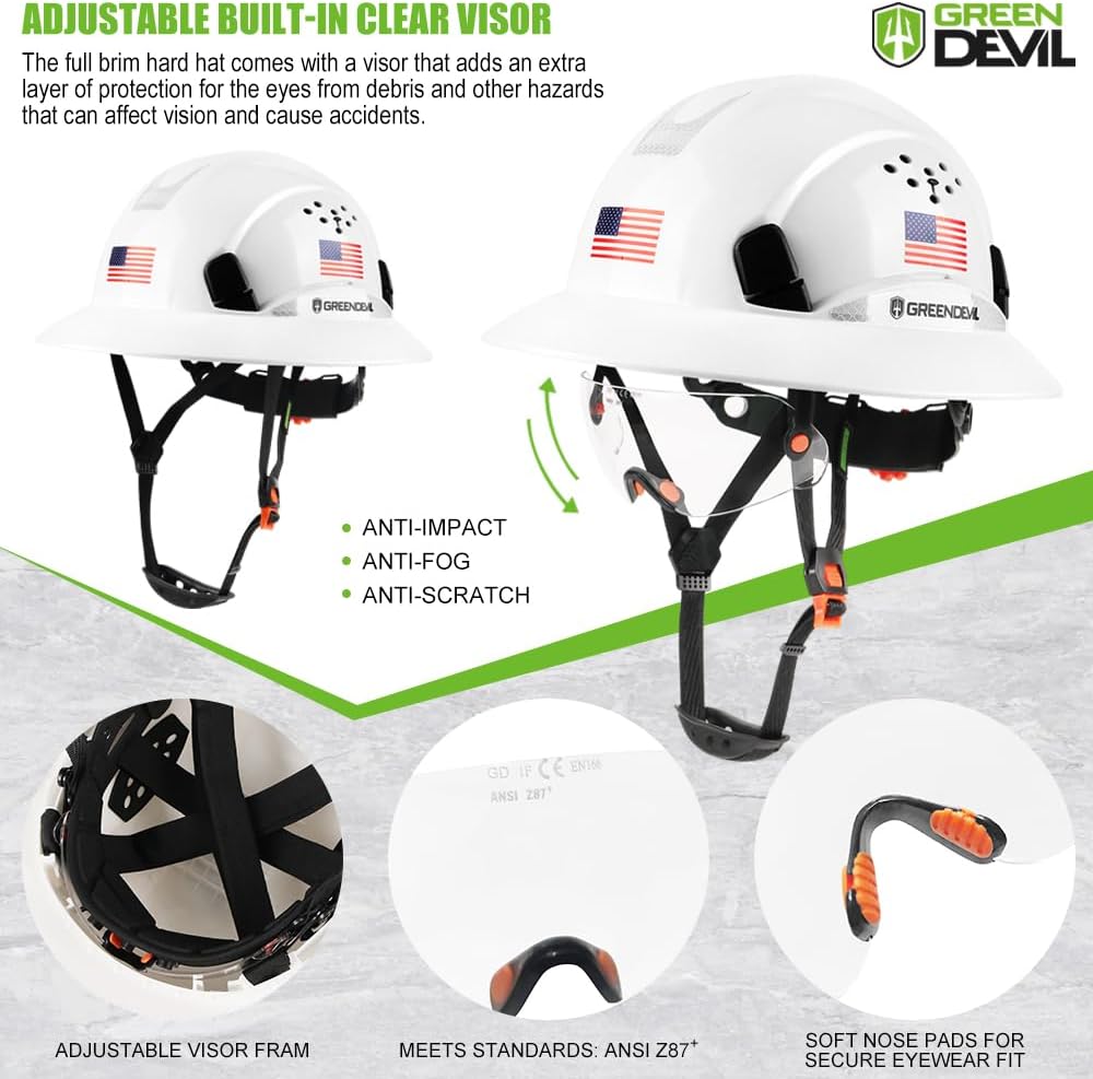 Detalle de GREEN DEVIL フルブリム型作業用ヘルメット HDPE製・通気孔・内蔵バイザー・6点調整