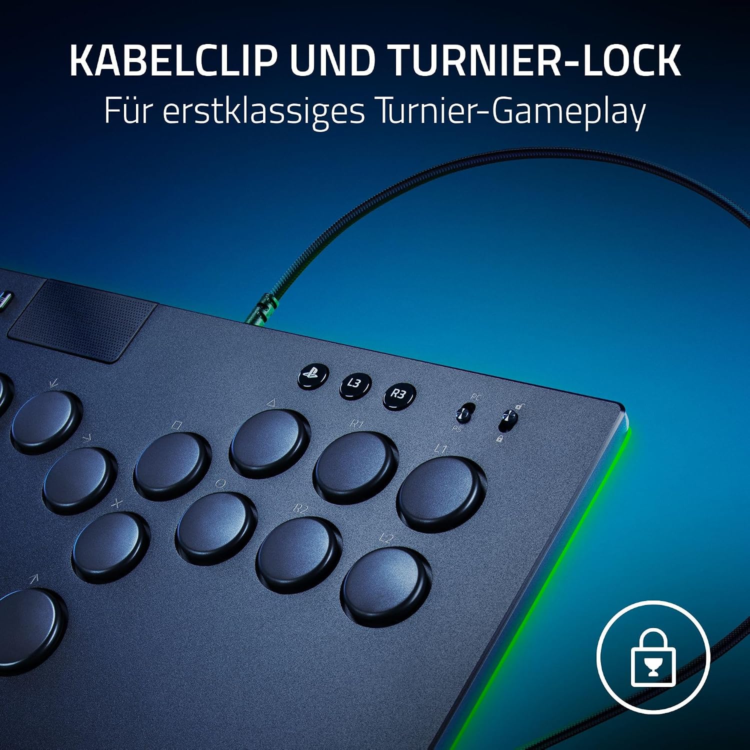 Detalle de Razer Kitsune – optischer All-Button-Arcade-Controller für PS5 & PC, 4 Bewegungs-Tasten, schwarz