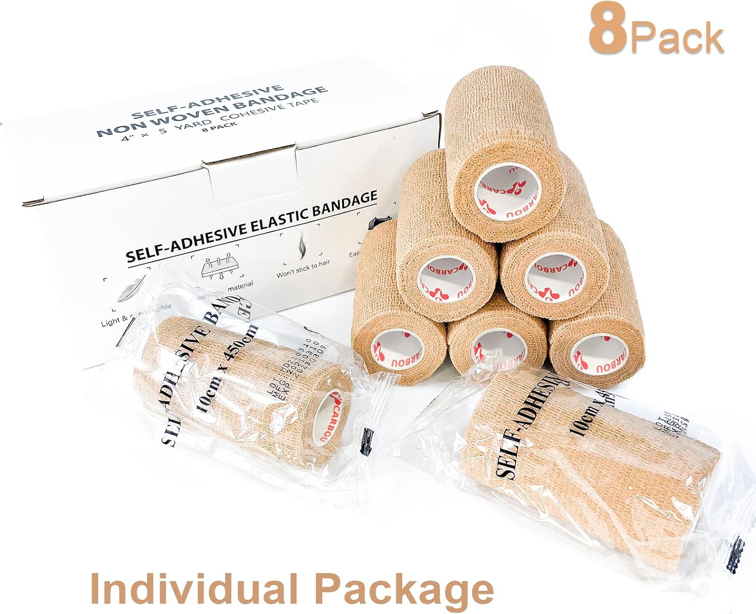 Detalle 2 de CARBOU Self-Adhesive Cohesive Bandage Wrap, Beige, 8-Pack, 4 in x 5 yd