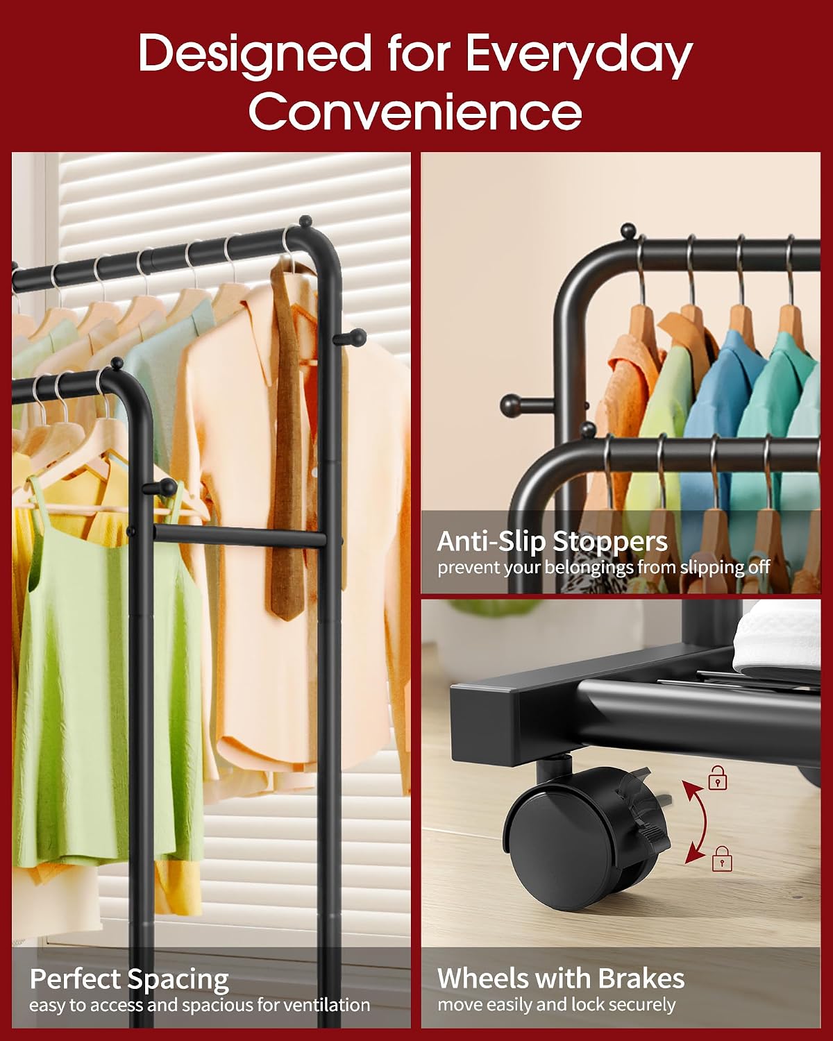 Thumbnail 6 de Sakugi Clothes Rail – Double-Rod Rustproof Clothes Rack with Anti-Slip Stoppers, Mesh Shelf and Wheels