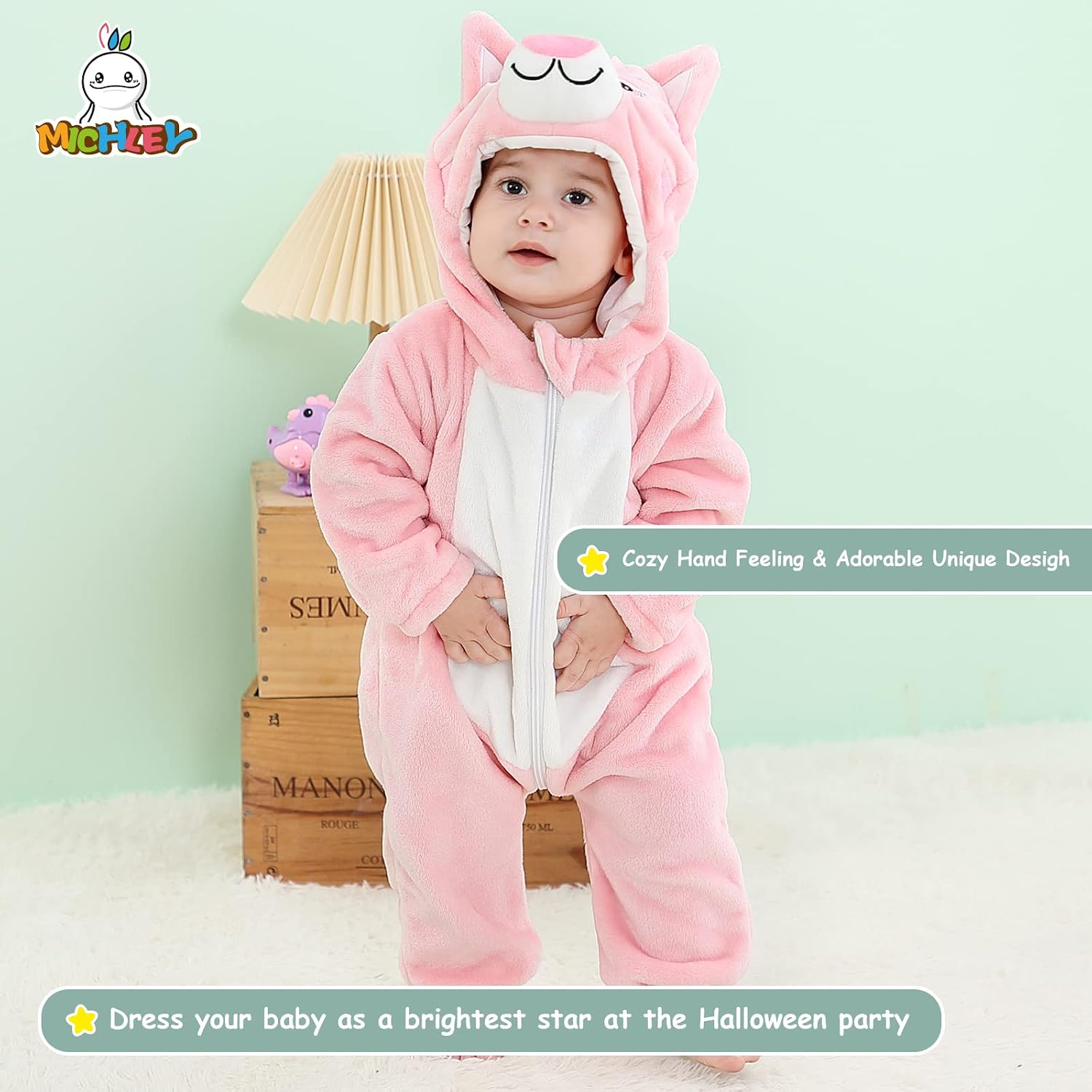 Detalle de MICHLEY AP13-Cat-100 Baby Cat Romper, Soft Flannel with Double Zipper
