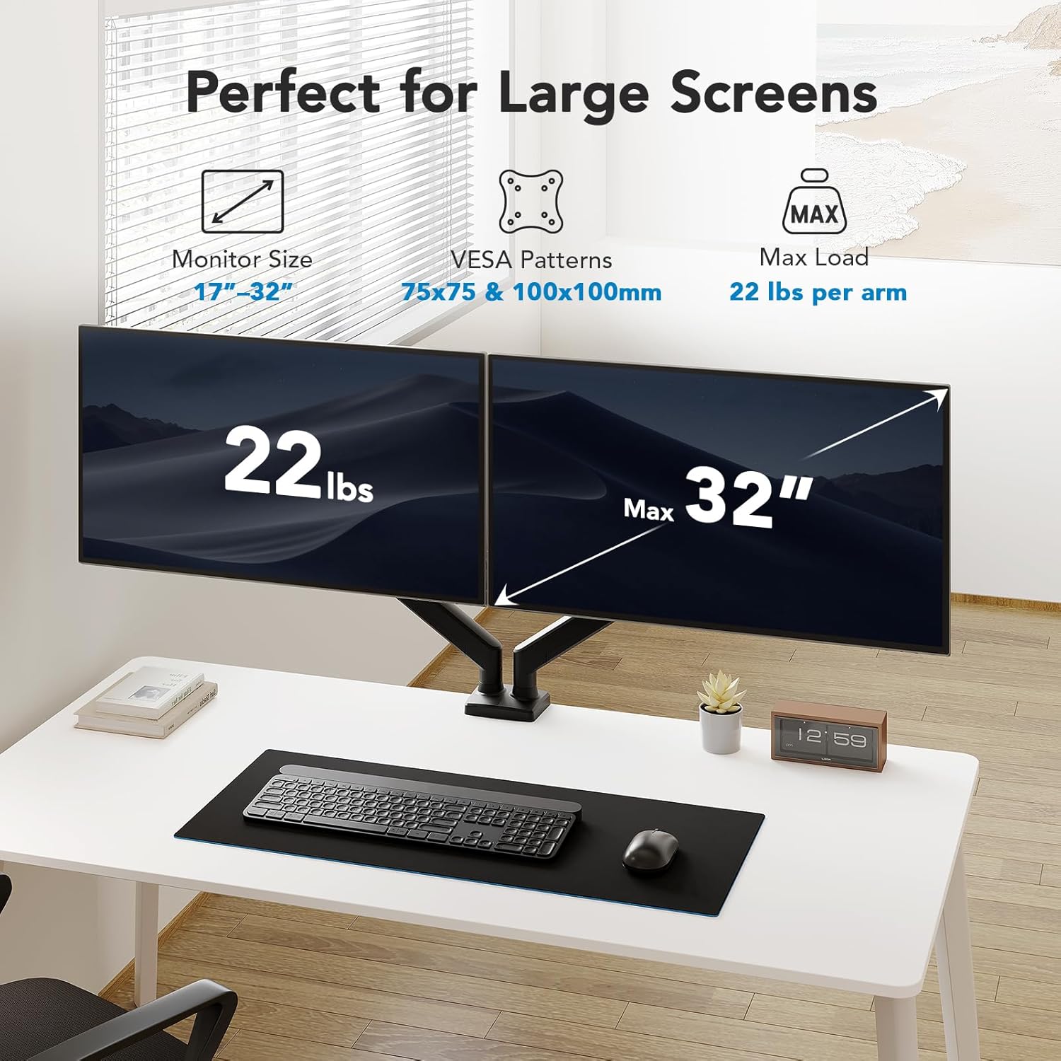 Detalle 2 de HUANUO Dual Monitor Mount for 2 Monitors up to 32" – Height‑adjustable, 10kg per arm, VESA 75x75/100x100