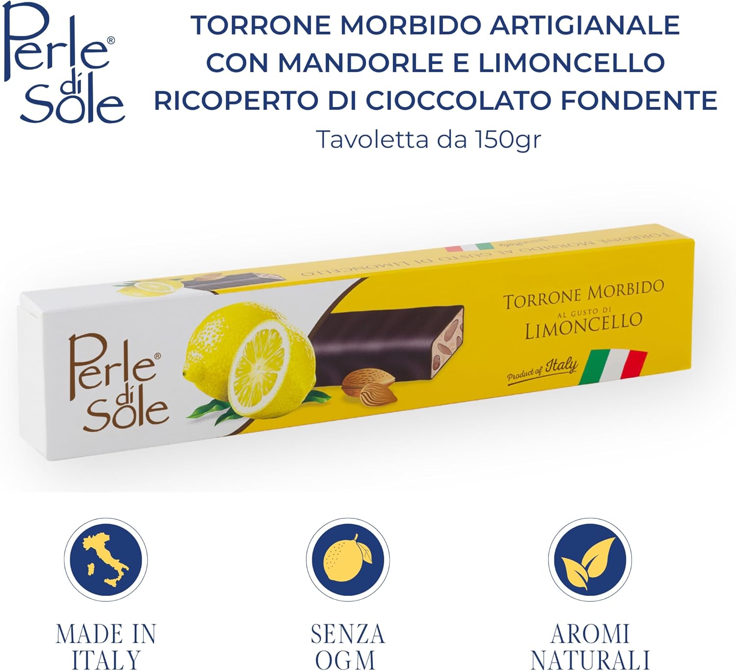 Detalle 2 de Perle di Sole – Torrone Morbido Fondente al Limoncello, 150 g: artigianale italiano con mandorle e rivestimento di cioccolato fondente