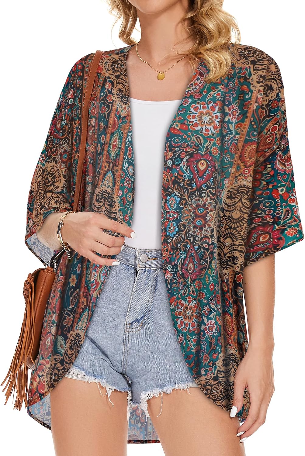 Detalle de CHICALLURE Floral Chiffon Kimono Cardigan, Sheer Open-Front Beach Cover-Up