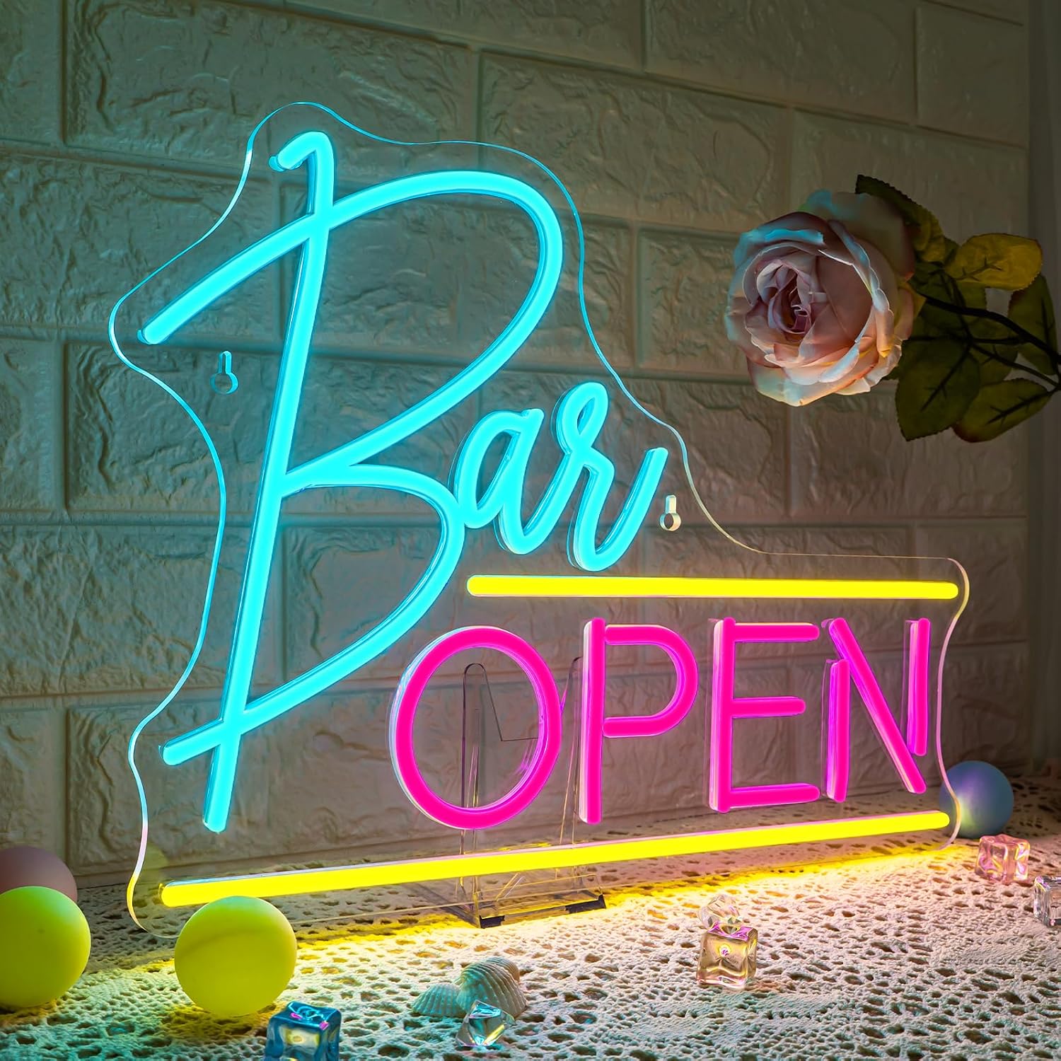 Detalle de ineonlife Open Neon Schild Rosa Blau – LED Neonlicht für Bars, Salons, Shops und mehr