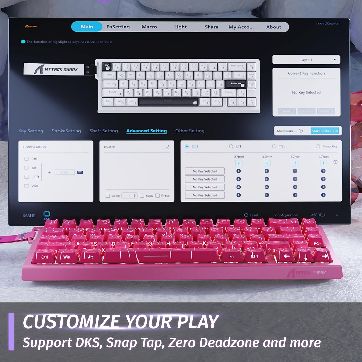 Thumbnail 5 de ATTACK SHARK X68 HE Clavier gamer 60% filaire QWERTY RGB rose avec Rapid Trigger (0,01 mm)