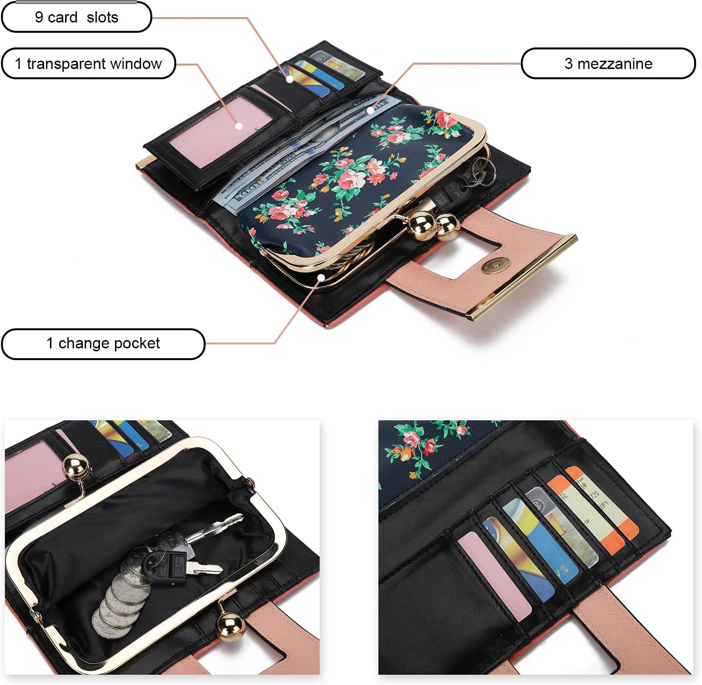 Thumbnail 4 de Gladdon Portefeuille femme élégant à motif rosier bleu foncé – 10 emplacements cartes et poche à pièces