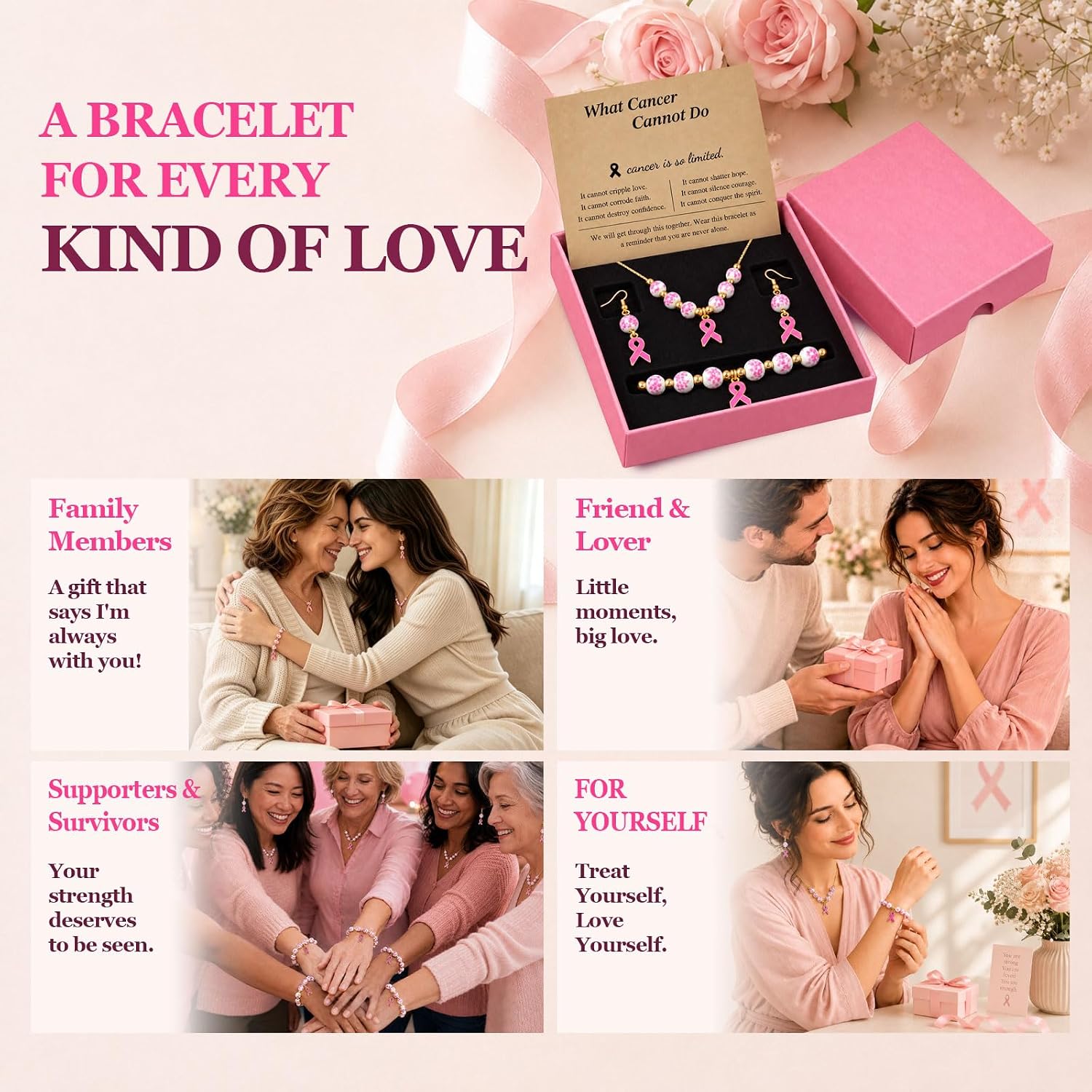 Detalle de Breast Cancer Awareness Bracelet with Ceramic Beads