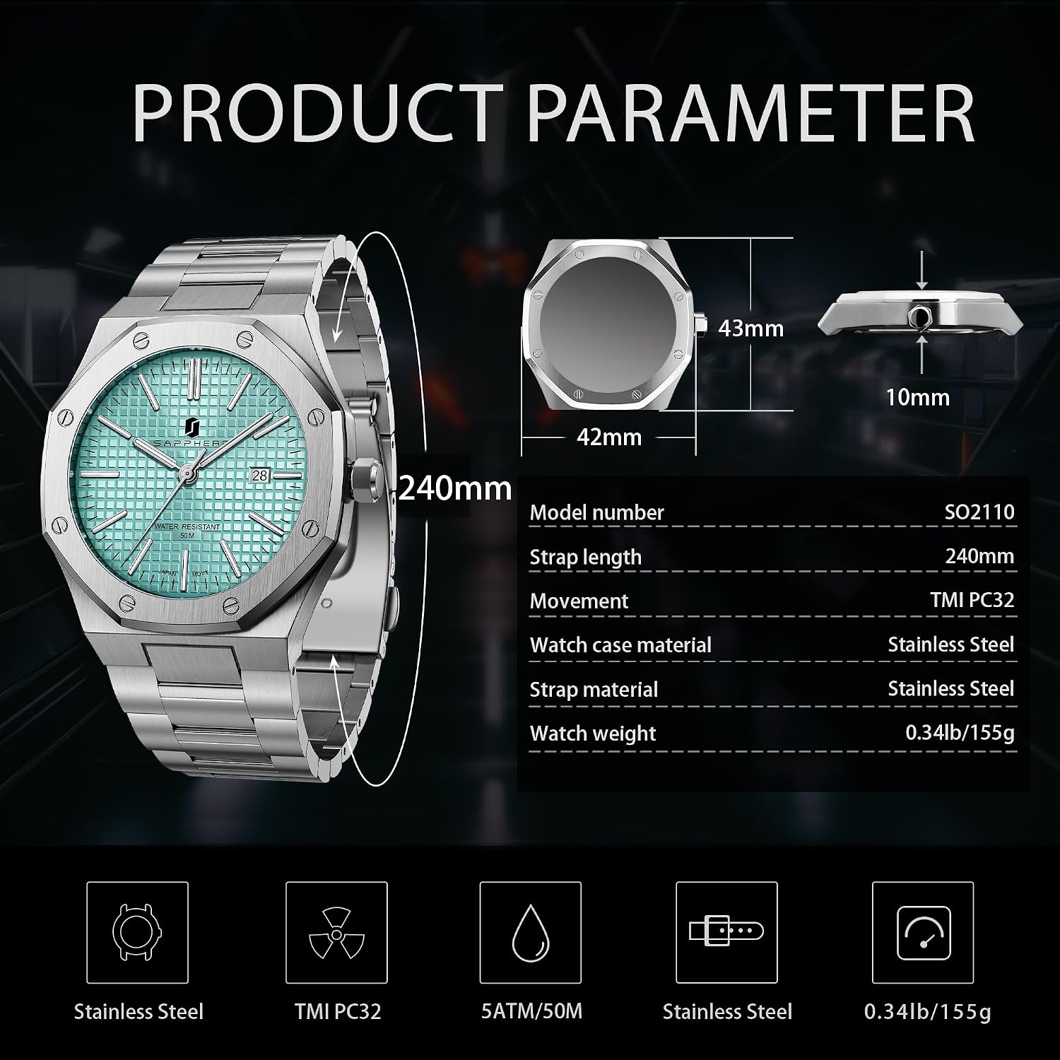 Detalle de SAPPHERO Orologio da uomo impermeabile 50M al quarzo con calendario e cinturino in acciaio
