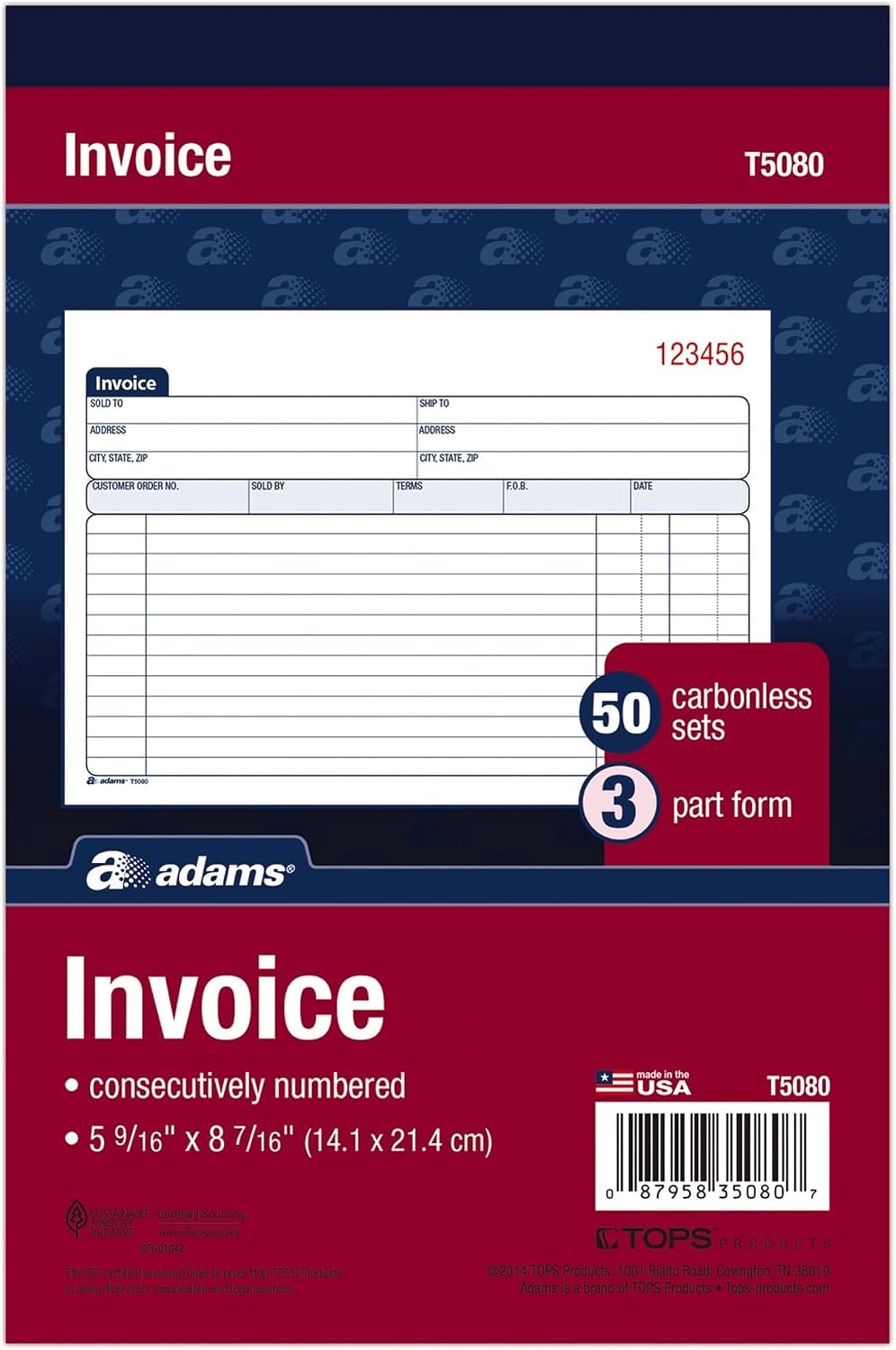 Detalle 1 de Adams T5080 3-Part Carbonless Invoice Book, 50 Sets, White/Canary/Pink