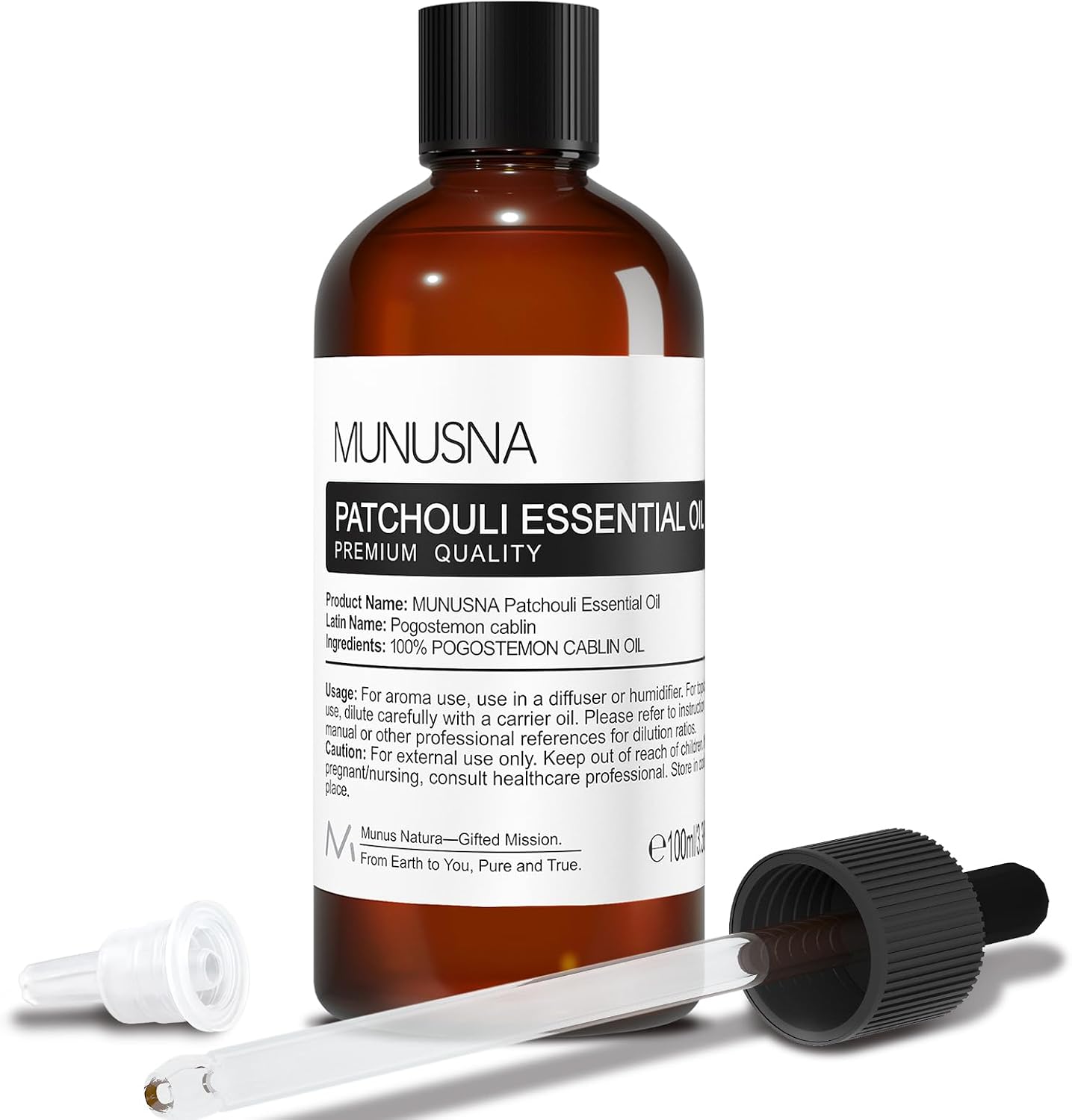 Detalle de 100ml 100% Pure Patchouli Essential Oil (Pogostemon cablin) in Amber Glass Bottle with Dropper