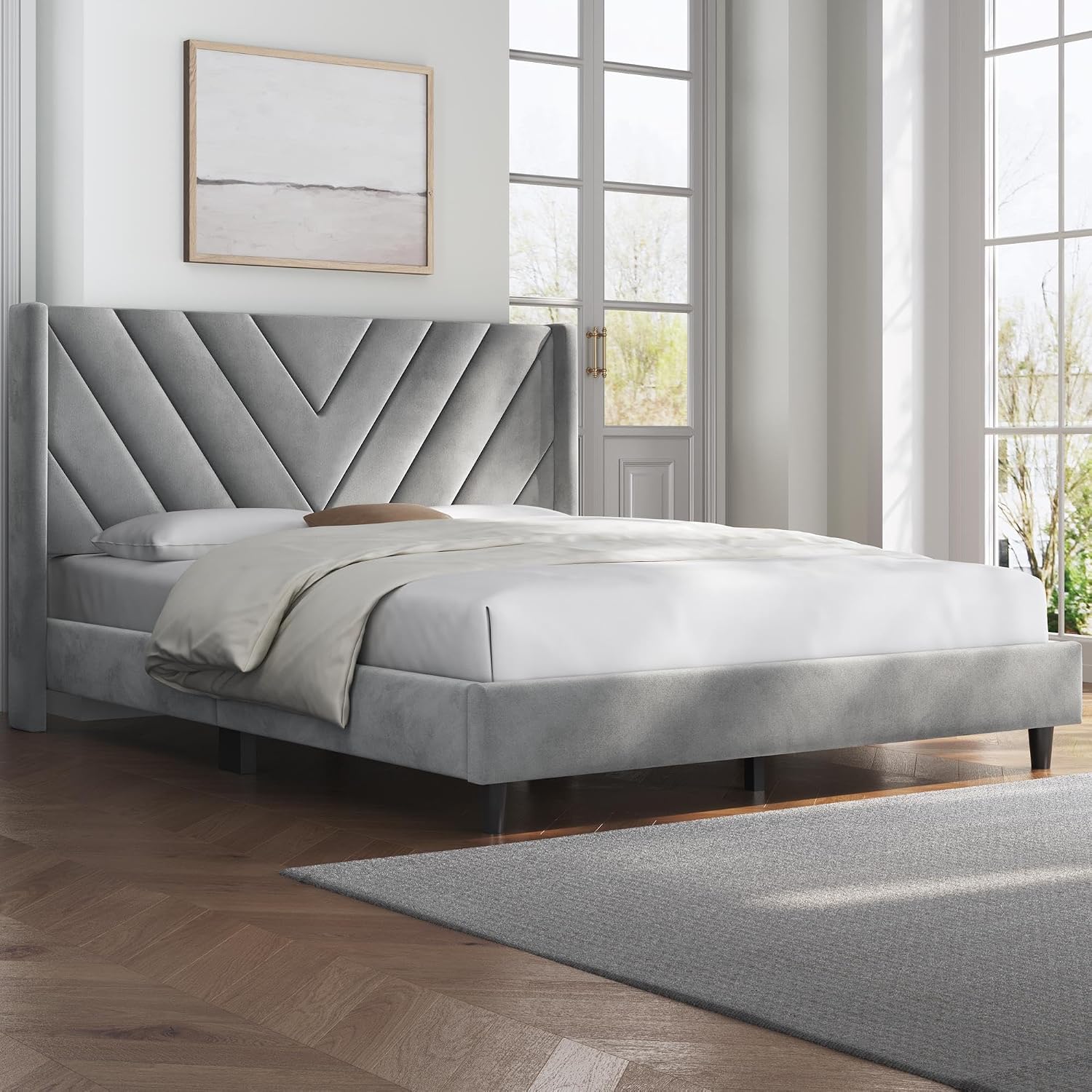 Detalle de Yaheetech YT-00131579-001 Full Bed Frame, Light Gray Velvet Chevron Headboard