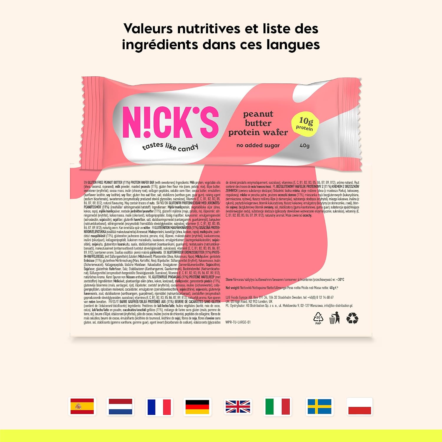Thumbnail 5 de NICKS Barre protéinée Sans Sucres Ajoutés – Gaufrettes au beurre de cacahuète, Low Carb, Gluten Free, 25% protéines, pack 40 g x 24