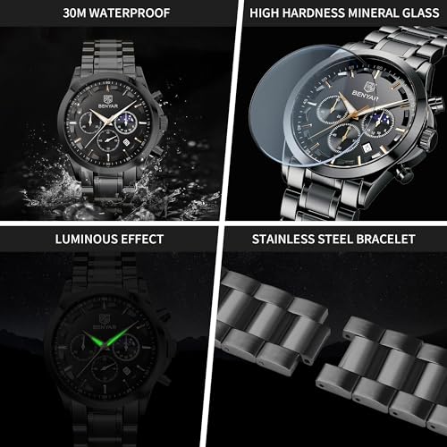 Detalle de BENYAR Montre Homme Chronographe Étanche – Bracelet Cuir, Grand Cadran Bleu Argent-b
