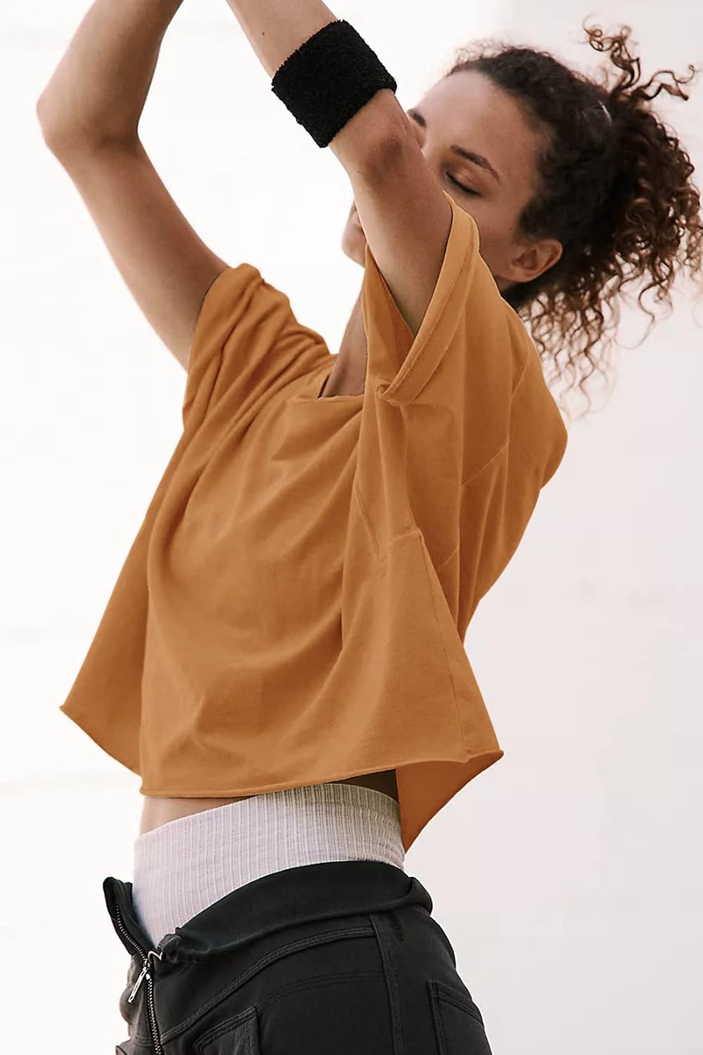 Detalle de Women's Oversize Workout Crop Tops Roll Hem Basic Loose Yoga Tee