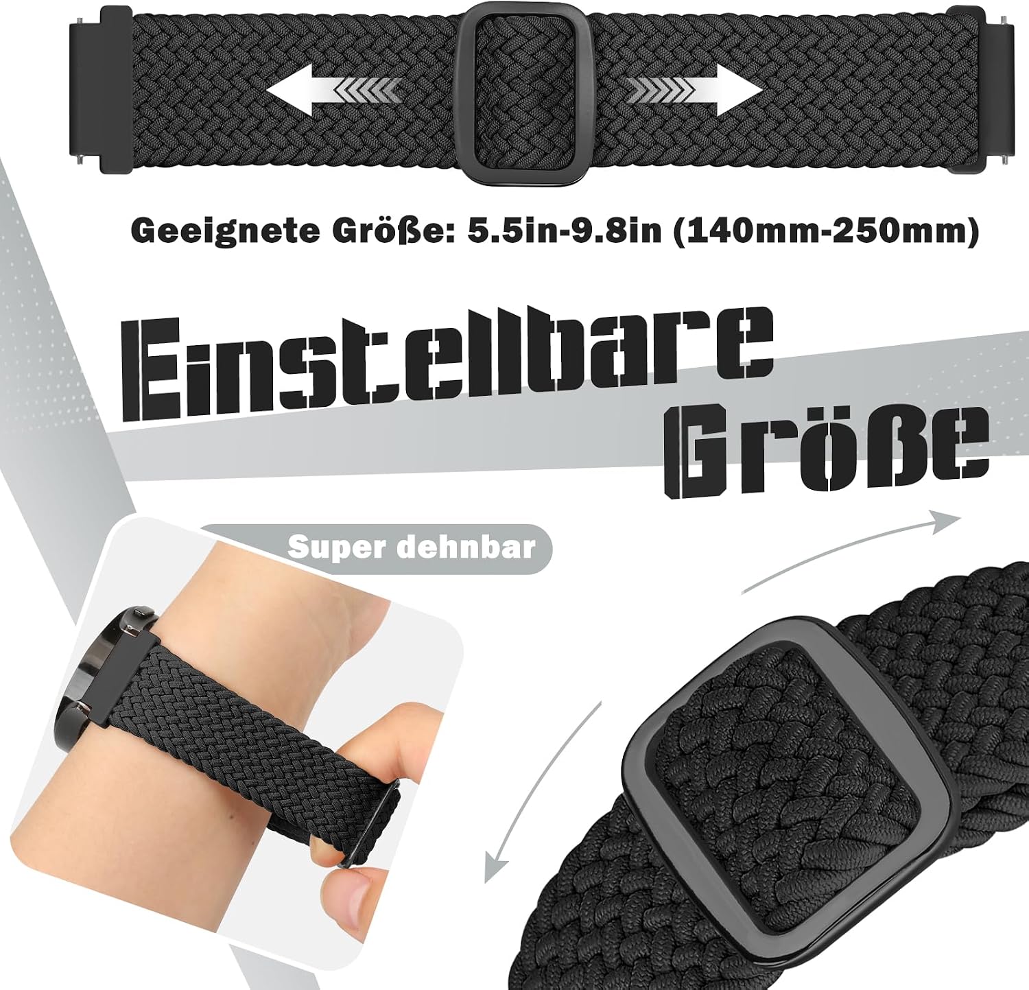 Detalle 2 de Yunshare Geflochtenes elastisches Uhrenarmband 18–24 mm mit Schnelleverschluss – 3er Set