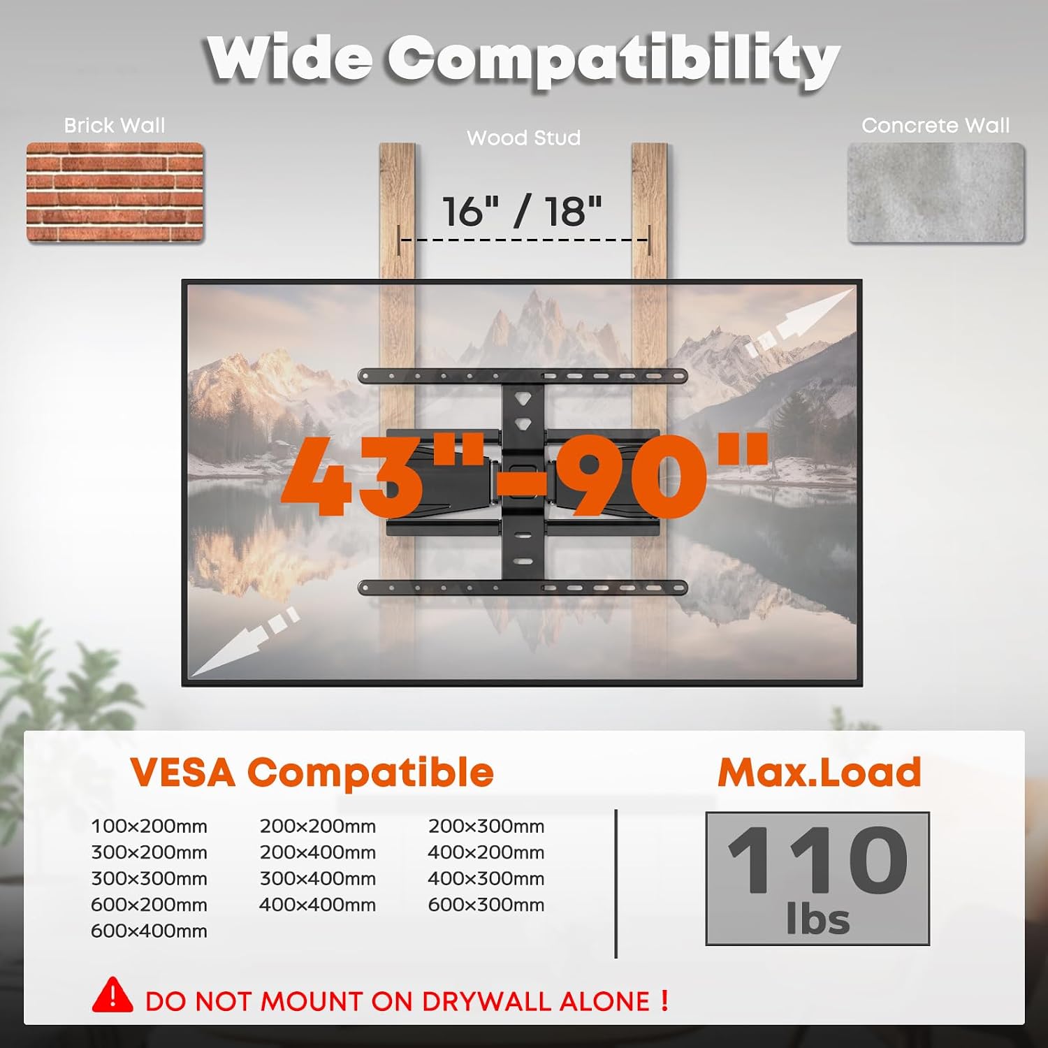 Detalle de TV-Wandhalterung 43–90 Zoll, bis 50 kg – Ultra-Slim, schwenk- und neigbar, 1,96 cm Wandabstand, VESA bis 600×400 mm