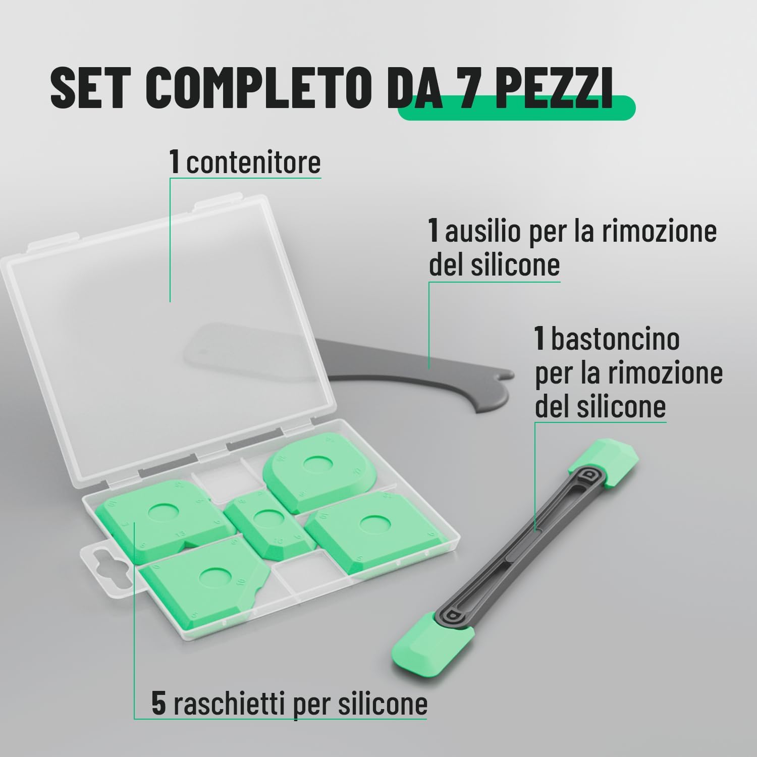 Detalle de Set 7 pezzi Spatola per silicone per rifinitura Greate: 5 tira-fughe flessibili + asta tira-fughe e rimuovi silicone