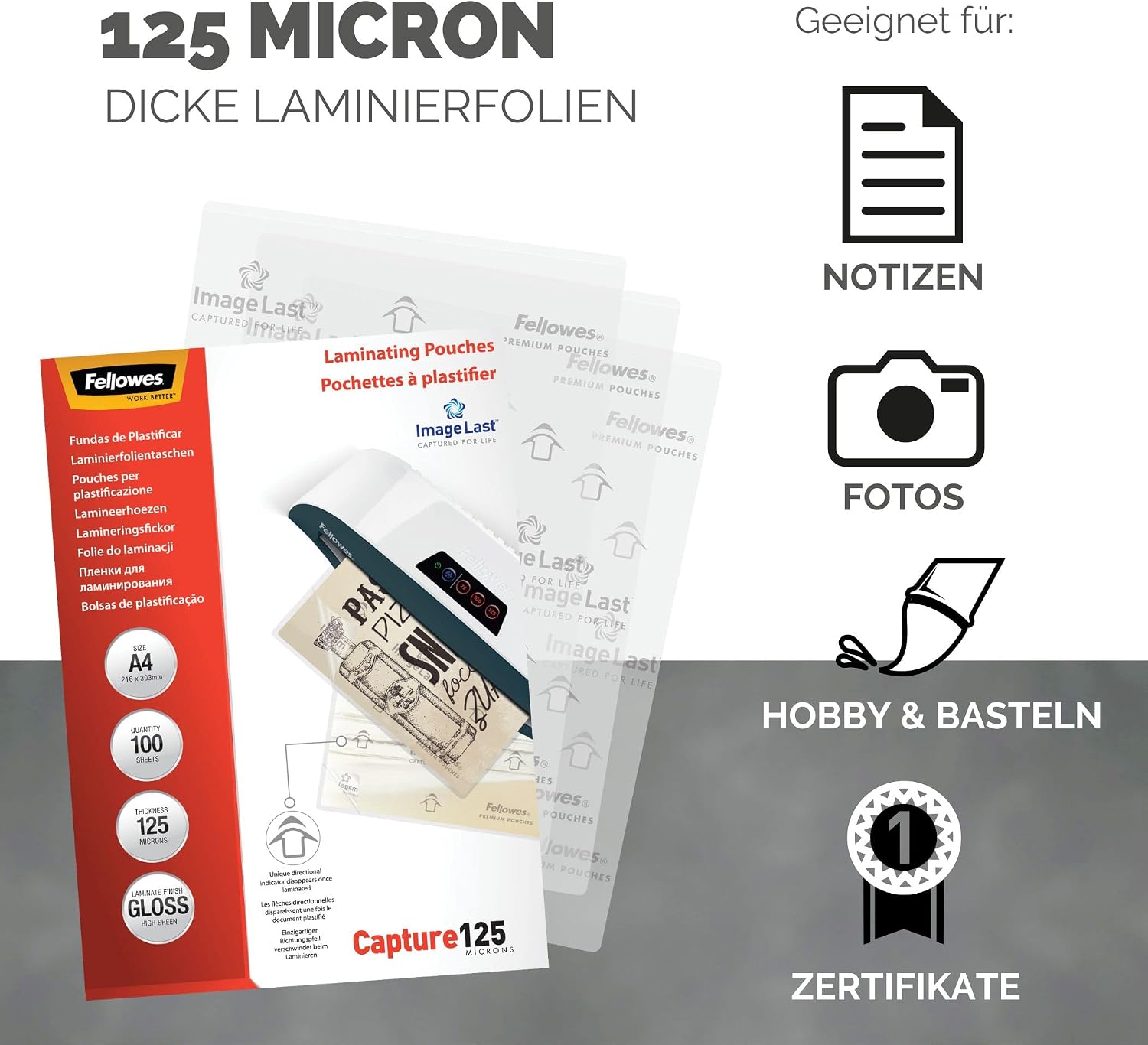 Thumbnail 2 de Fellowes A4-Laminierfolien, glänzend, 100 Blatt, 250 Mikron (2×125), Image Last Qualität – ideal für Fotos, Notizen & täglichen Gebrauch