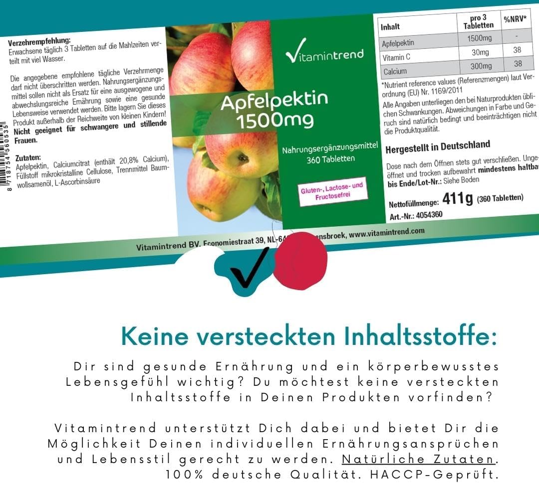 Detalle de Vitamintrend Apfelpektin 1500 mg pro Tagesdosis – veganes Komplettpräparat mit Calcium und Vitamin C (360 Filmtabletten)