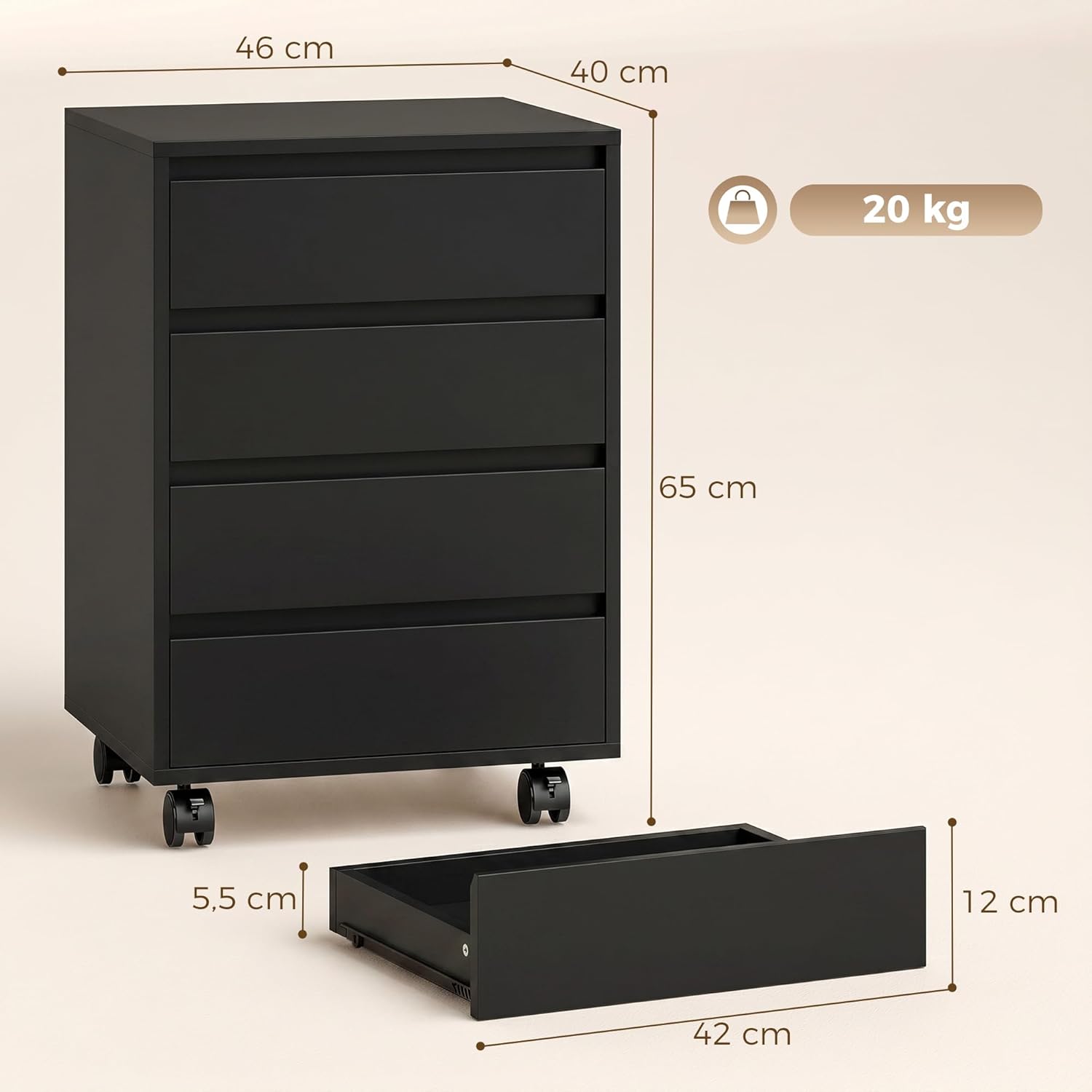 Detalle de Caisson de bureau HOMCOM – rangement sur roulettes, 4 tiroirs coulissants en bois, noir