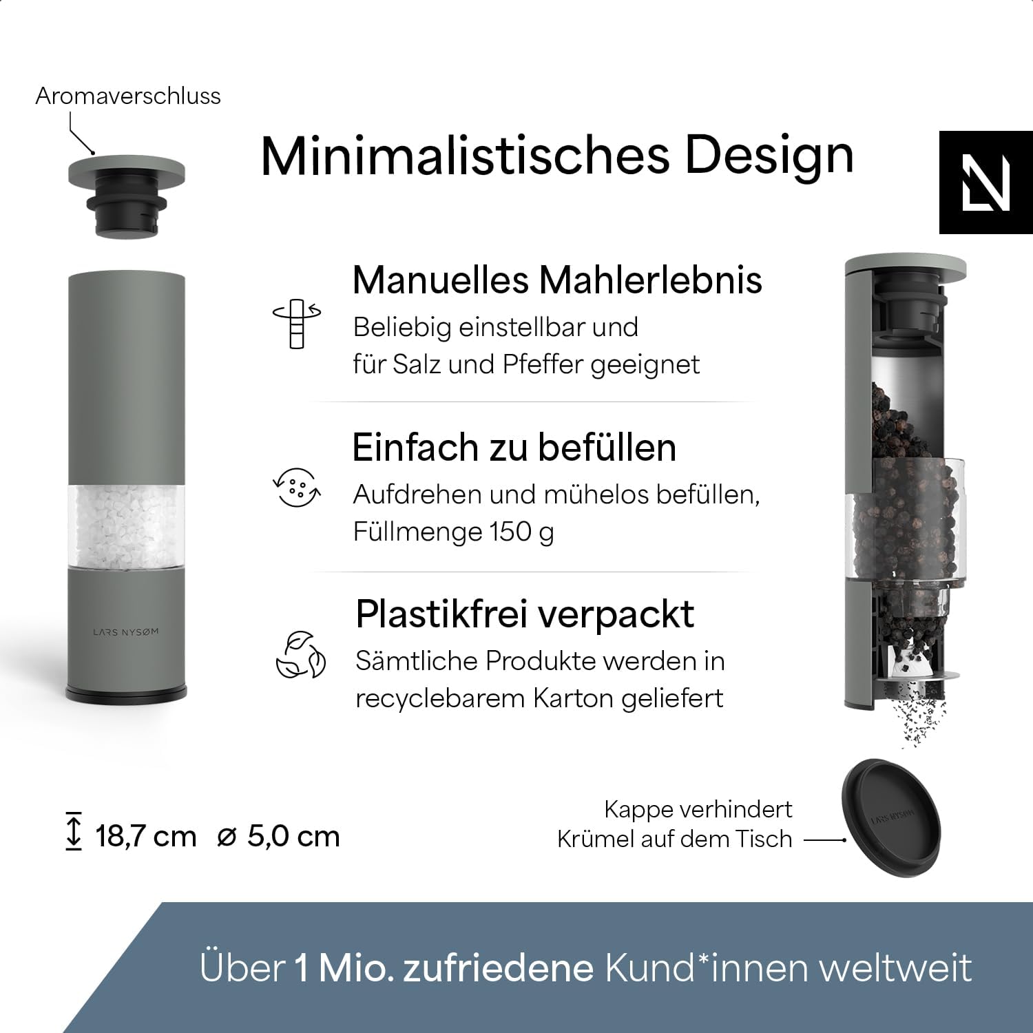 Detalle 2 de LARS NYSØM Salz- und Pfeffermühle-Set „Lagom“ manuell mit einstellbarem Keramikmahlwerk (2er-Set, Edelstahl, Ash Gray)