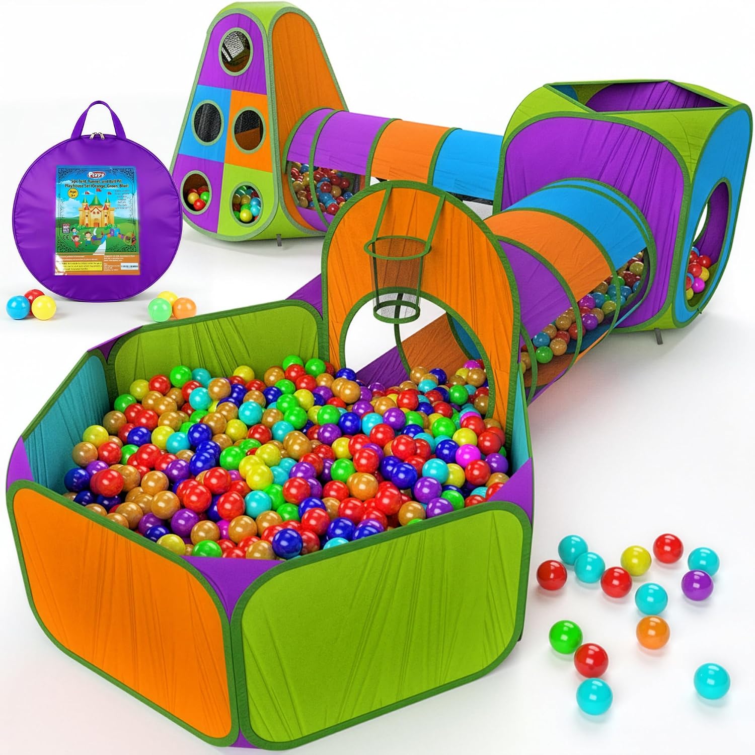 Detalle de Playz 5-Piece Kids Pop Up Play Tent, Crawl Tunnel, Ball Pit, and Basketball Hoop Set