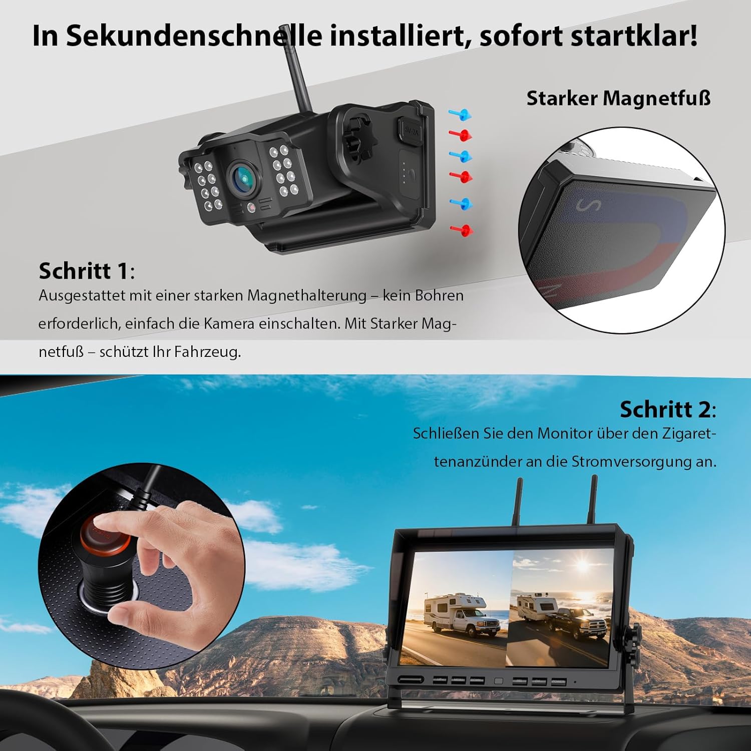 Detalle de 2 magnetische Rückfahrkamera Kabellos mit 10 Zoll IP69K Monitor – 1080P, 9600 mAh Akku, 1-Min Einrichtung