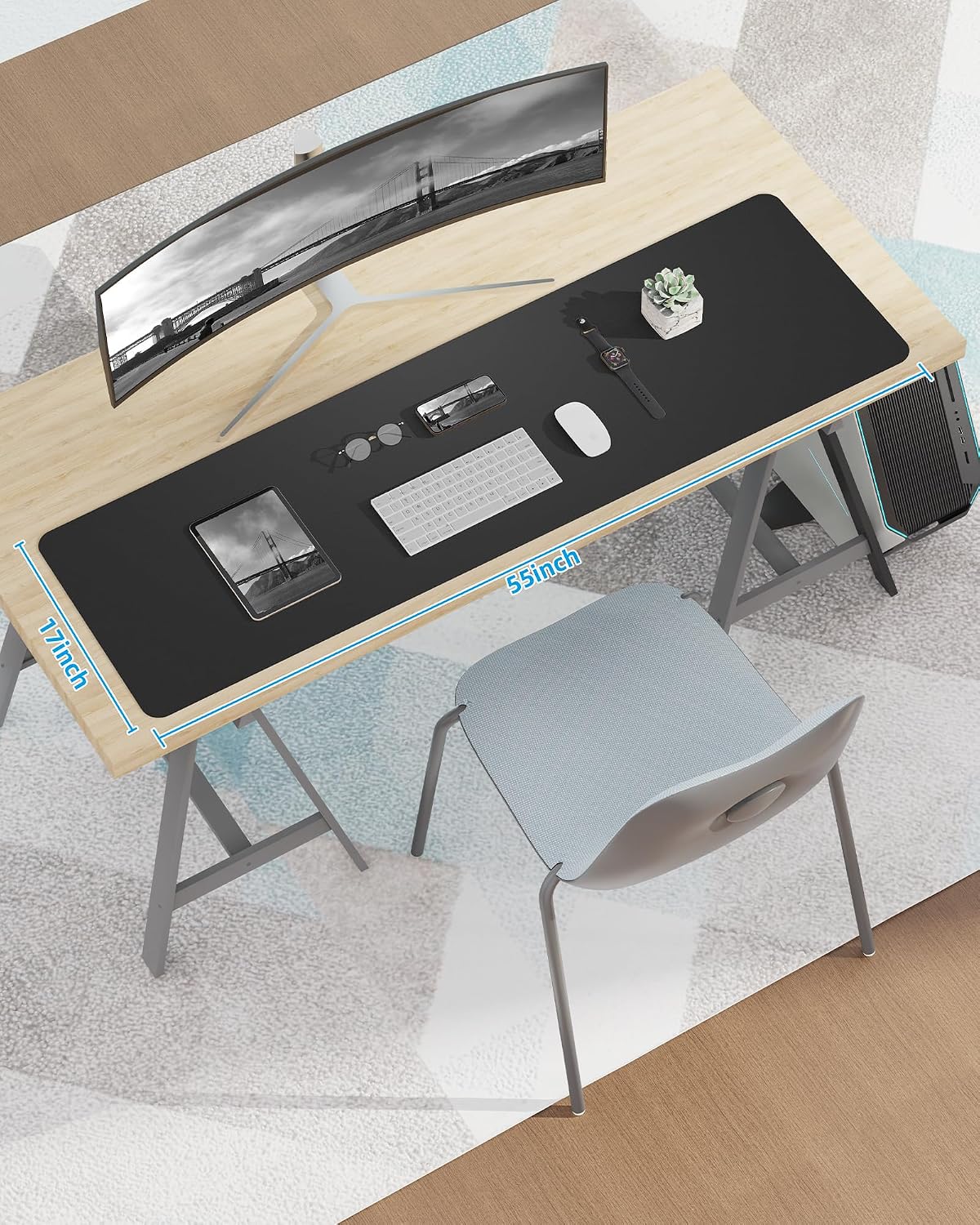 Thumbnail 6 de AFIING D-5517-Black 55" x 17" PU Leather Desk Mat, Black, Non-Slip Back