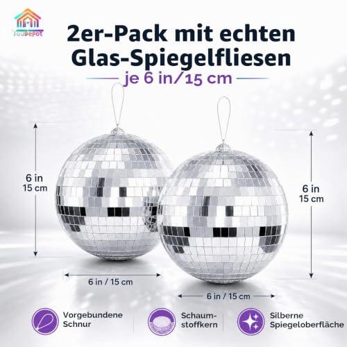 Thumbnail 3 de Youdepot Discokugel 2er Set, 15 cm - Silberne Spiegelkugeln zum Aufhängen