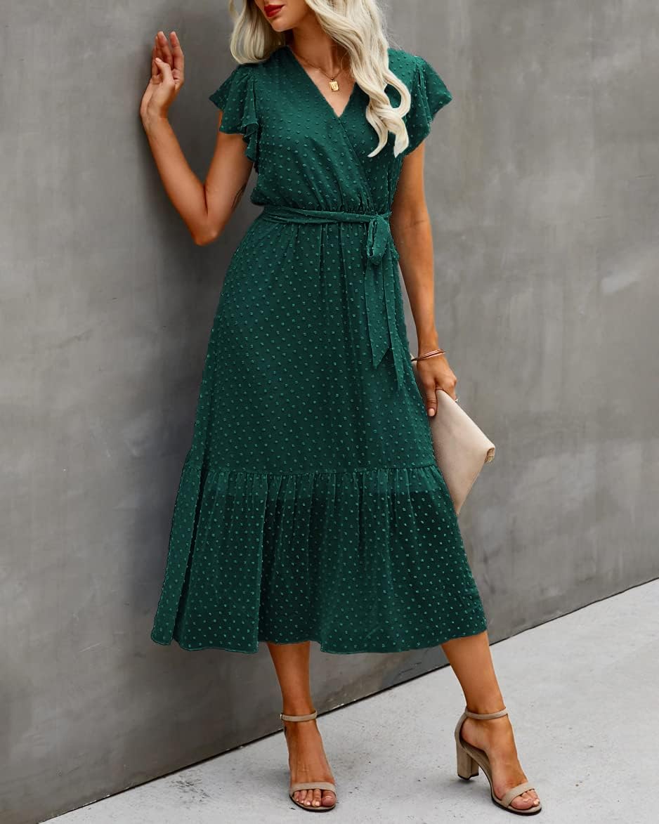 Thumbnail 2 de BTFBM Women Summer Bohemian Floral Wrap Midi Dress with V-Neck and Pleated Hem