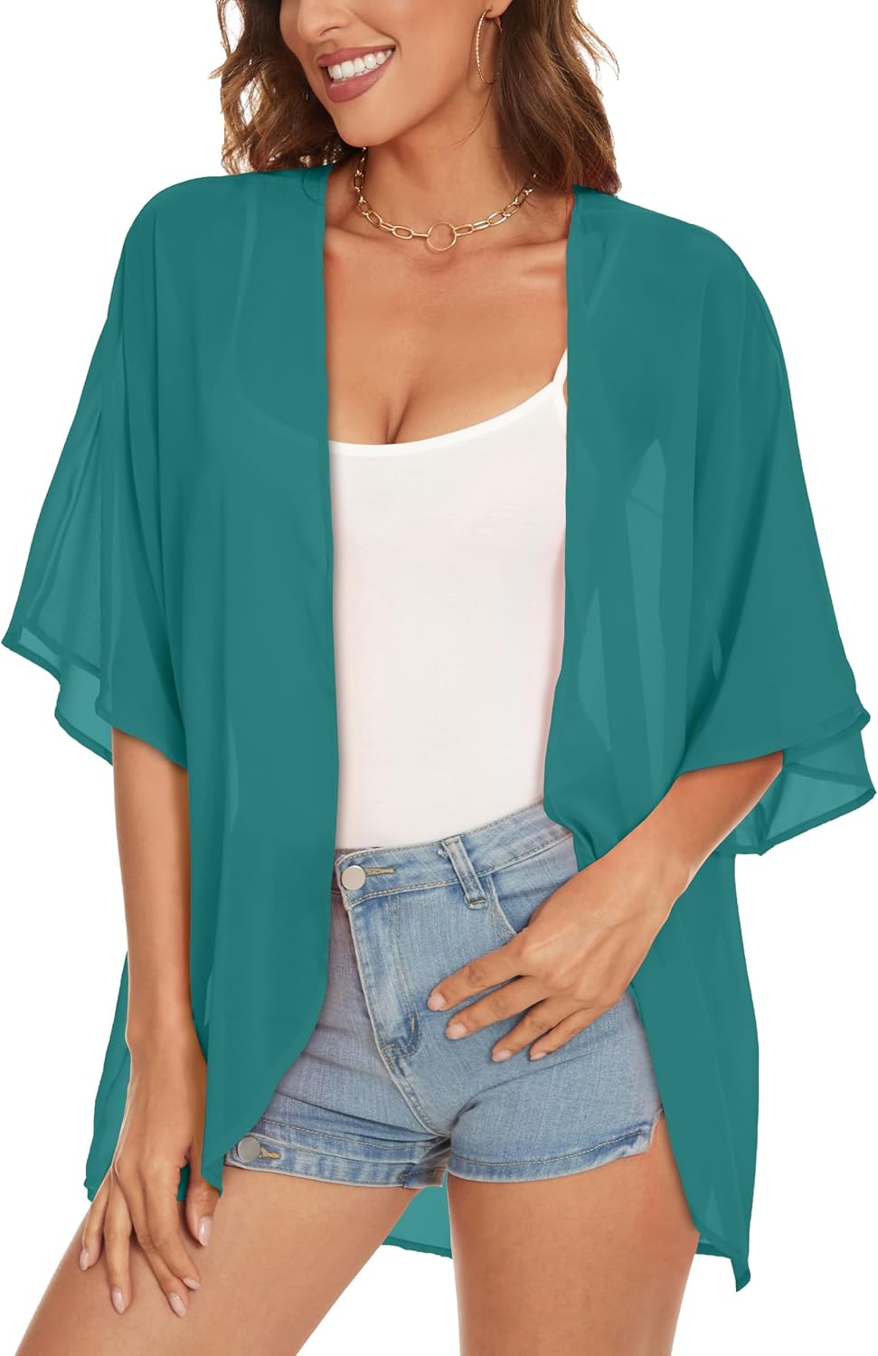 Detalle de Women's Floral Chiffon Kimono Cover-Up with Open Front and Puff Sleeves
