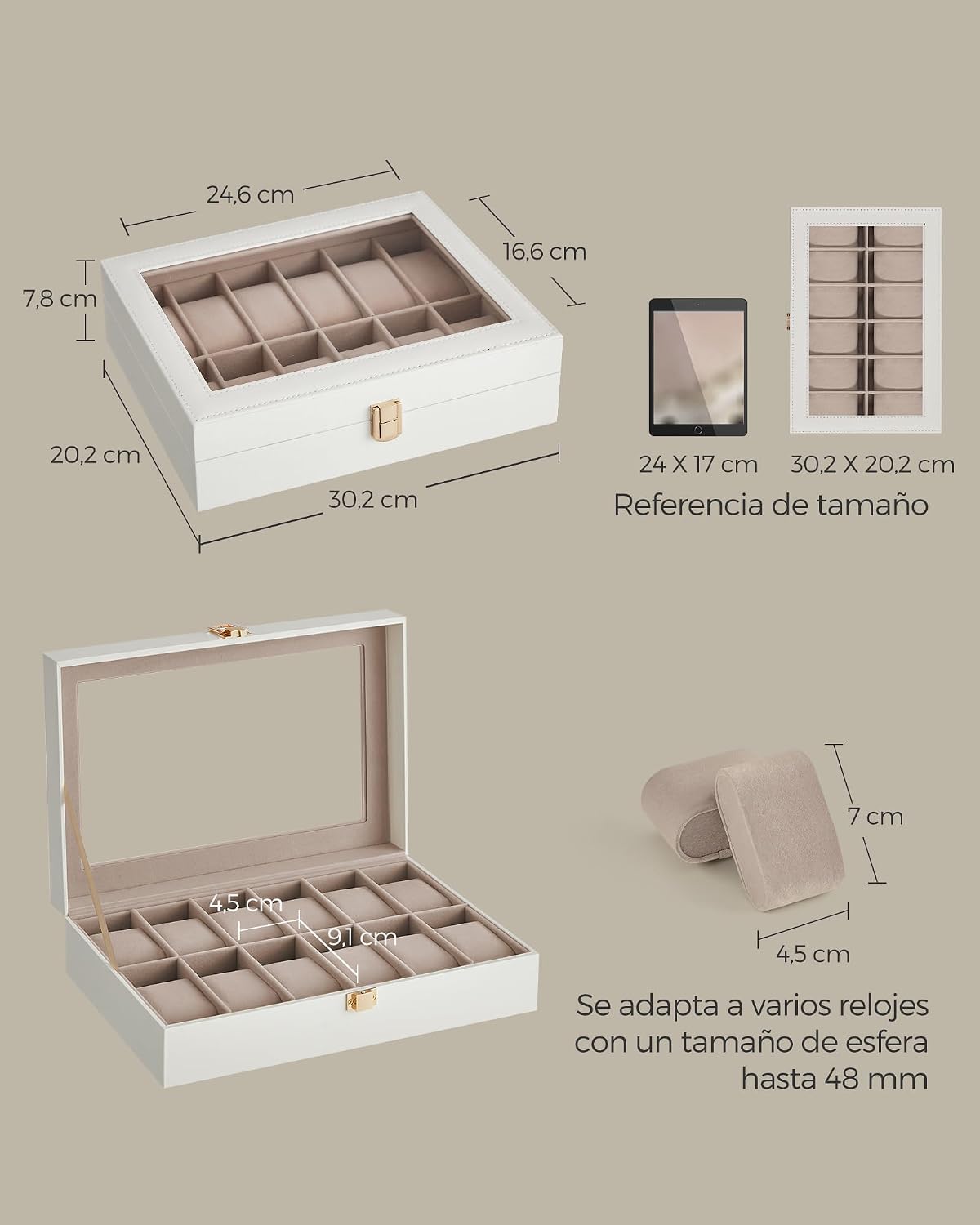 Thumbnail 5 de SONGMICS JWB120W01: Caja de Relojes con 12 Compartimentos y Tapa de Cristal en Cuero Sintético Blanco Nube