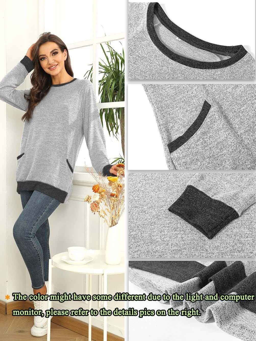 Detalle 1 de iChunhua long-sleeve women’s crewneck top with pockets (S–XXL)