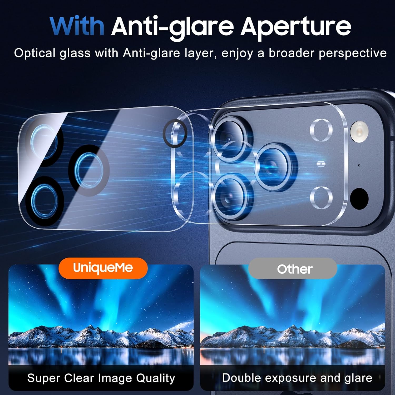 Detalle de UniqueMe 3-Pack iPhone 17 Pro Max Camera Lens Protector with Drop Protection
