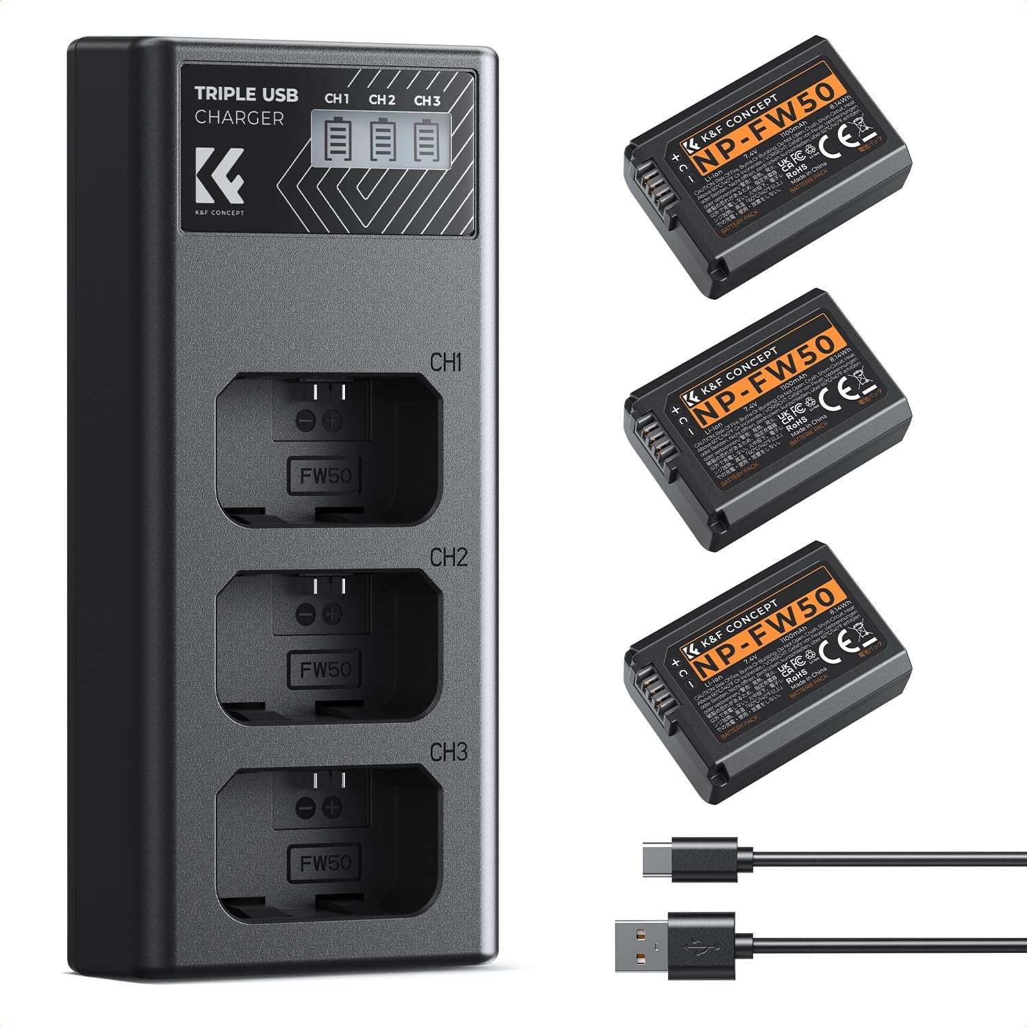 Detalle de K&F CONCEPT NP-FW50 1100 mAh Akku-Set (3er-Pack) + 3-Slot-Dreifach-Ladegerät mit LCD für Sony-Kameras
