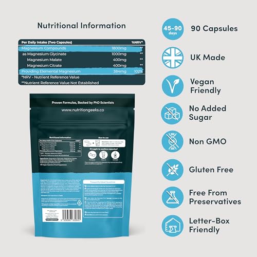 Thumbnail 3 de Magnesium Glycinate 3-in-1 Complex | 1800mg Magnesium with Bisglycinate, Citrate & Malate – 90 Vegan Capsules – UK Made