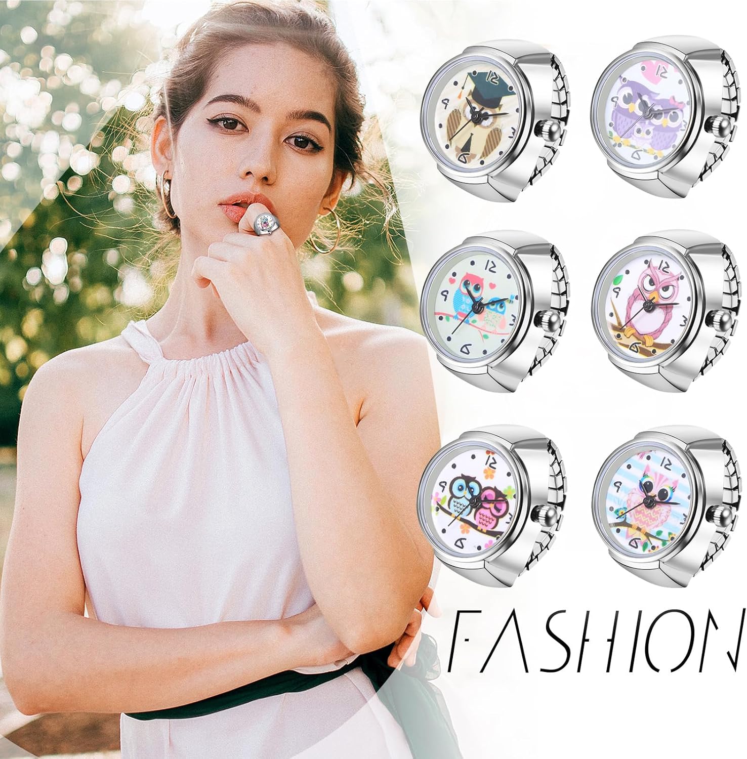 Detalle de JewelryWe Ringuhr Fingeruhr Elastisch Eule – Damen Analog Quarz Fingerringuhr mit Silberg Legierung und elastischem Band