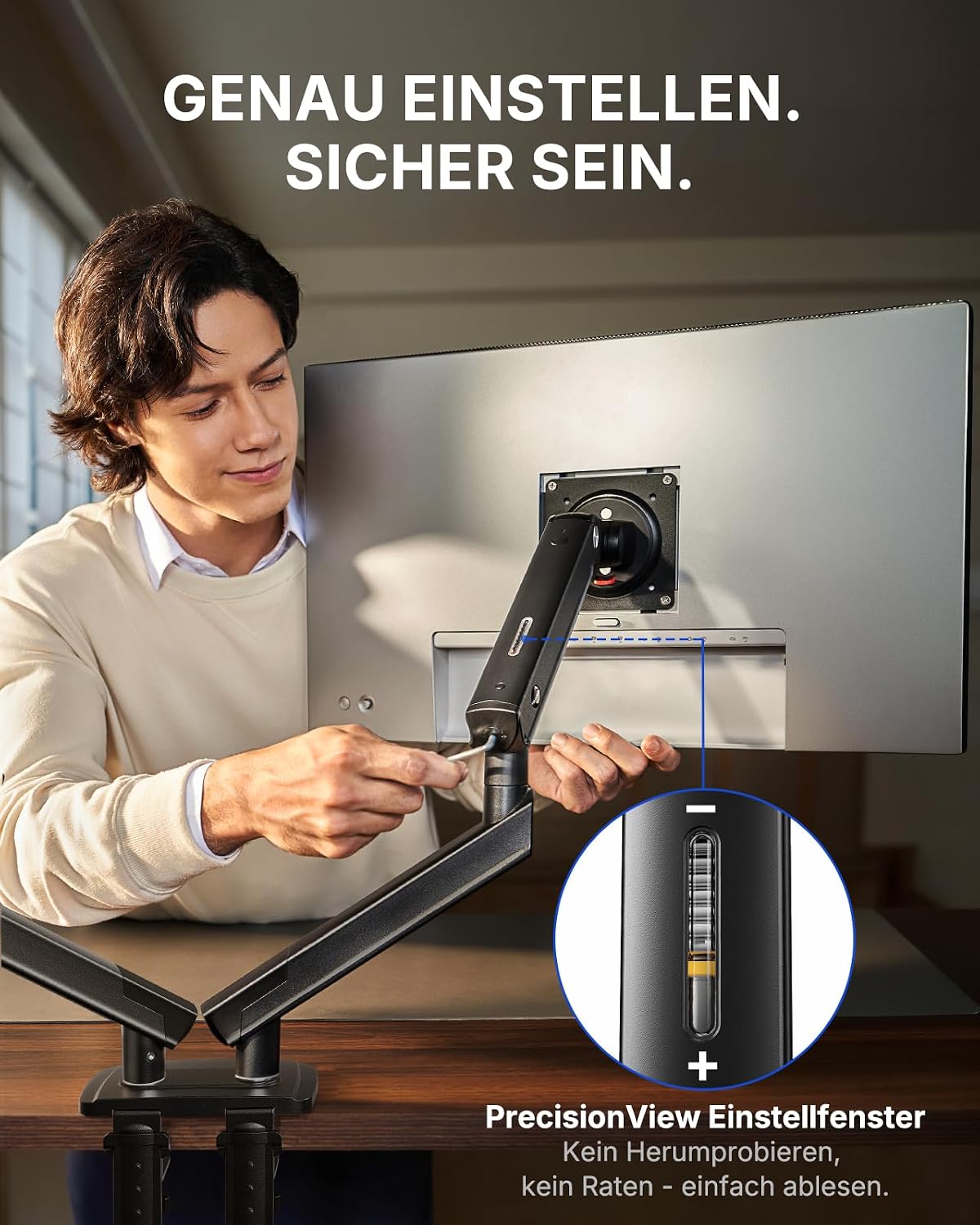 Detalle de HUANUO MonitorHalterung 2 Monitore für 13–32 Zoll – FlowLift Pro mit MechaSpring, werkzeugloser InstaMount, ACA-empfohlen
