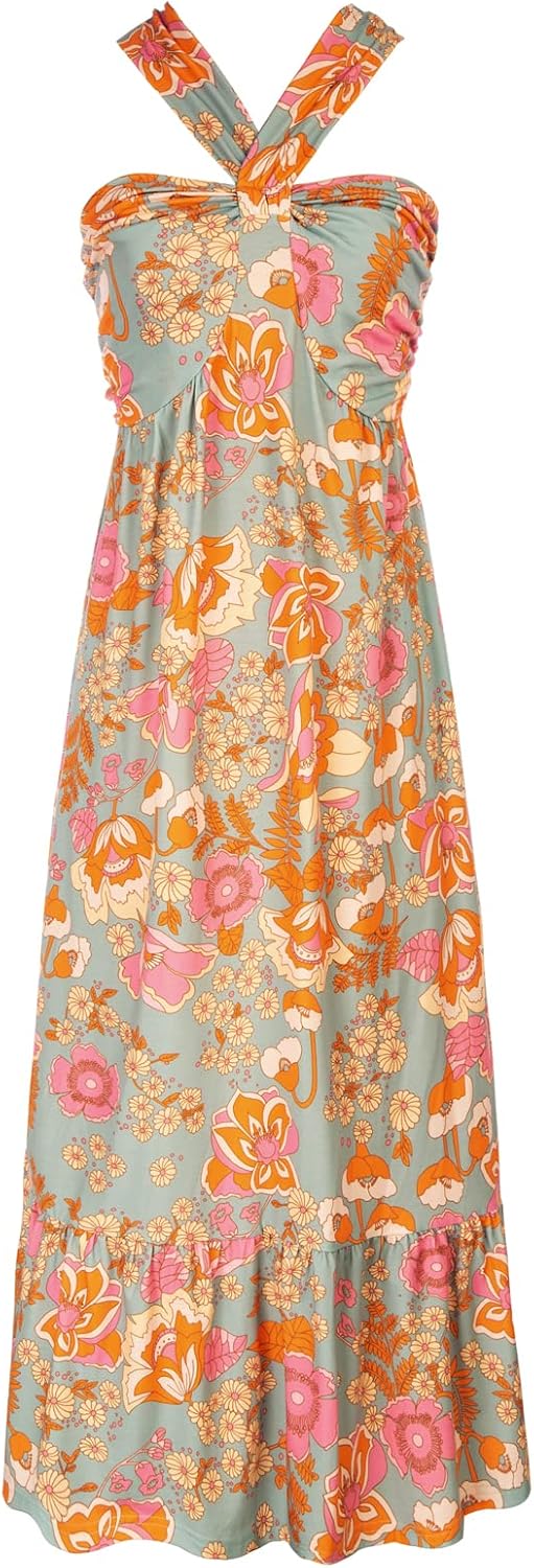 Detalle de Grace KARIN Women's Summer Floral Maxi Dress with Halter Neck and Pockets