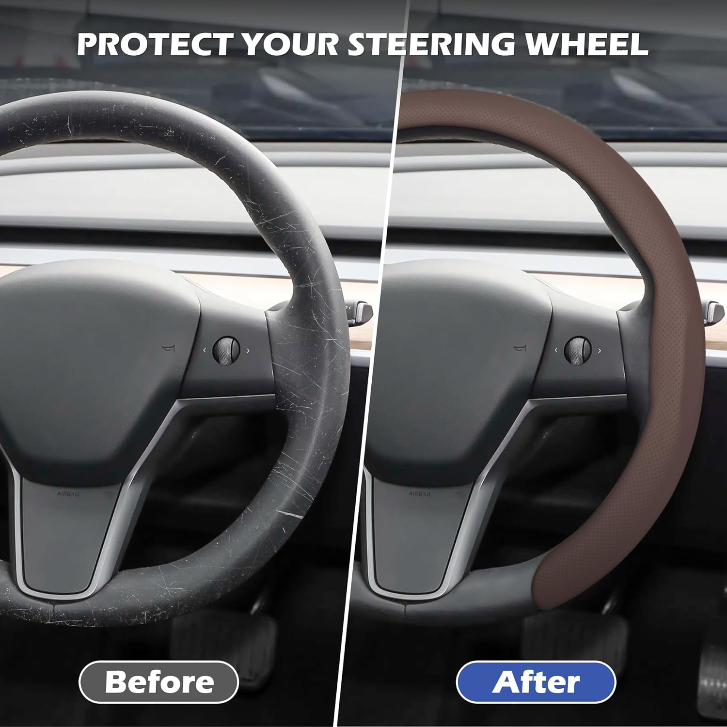 Detalle de Frani Nappa Leather Steering Wheel Cover – Universal 15 Inch, Cocoa Brown
