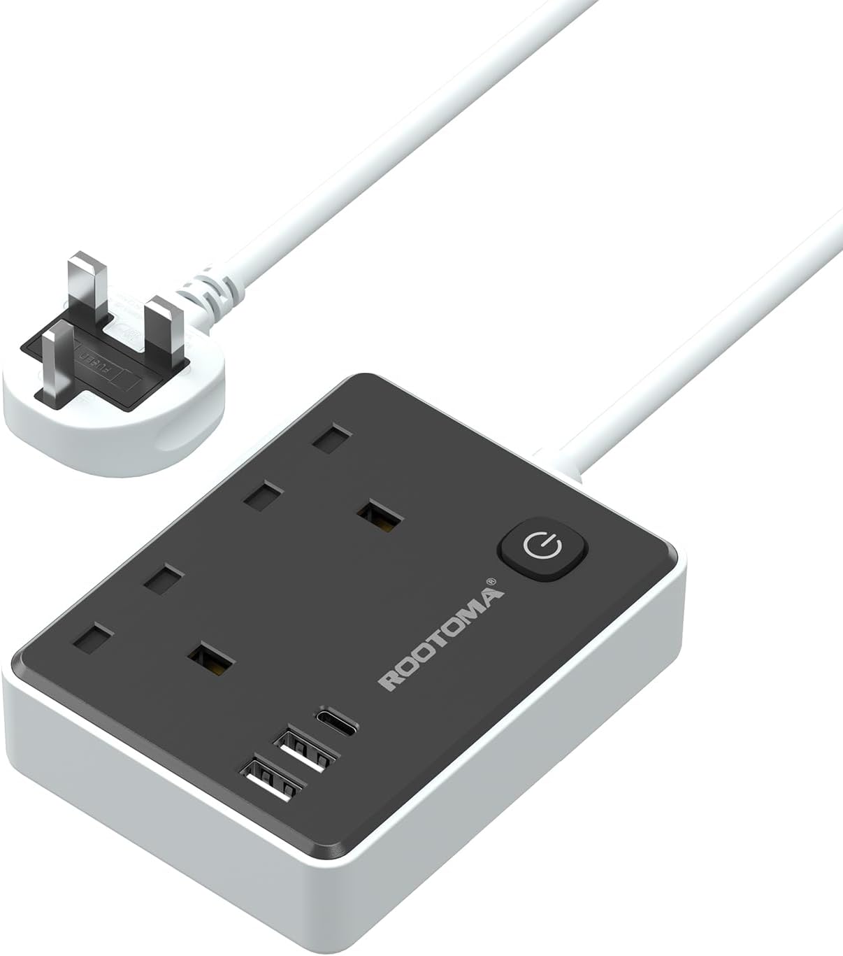 Black Extension Lead 1M with 3 USB Slots (1 USB-C) – 2-Gang Short Power Strip with Surge Protection
