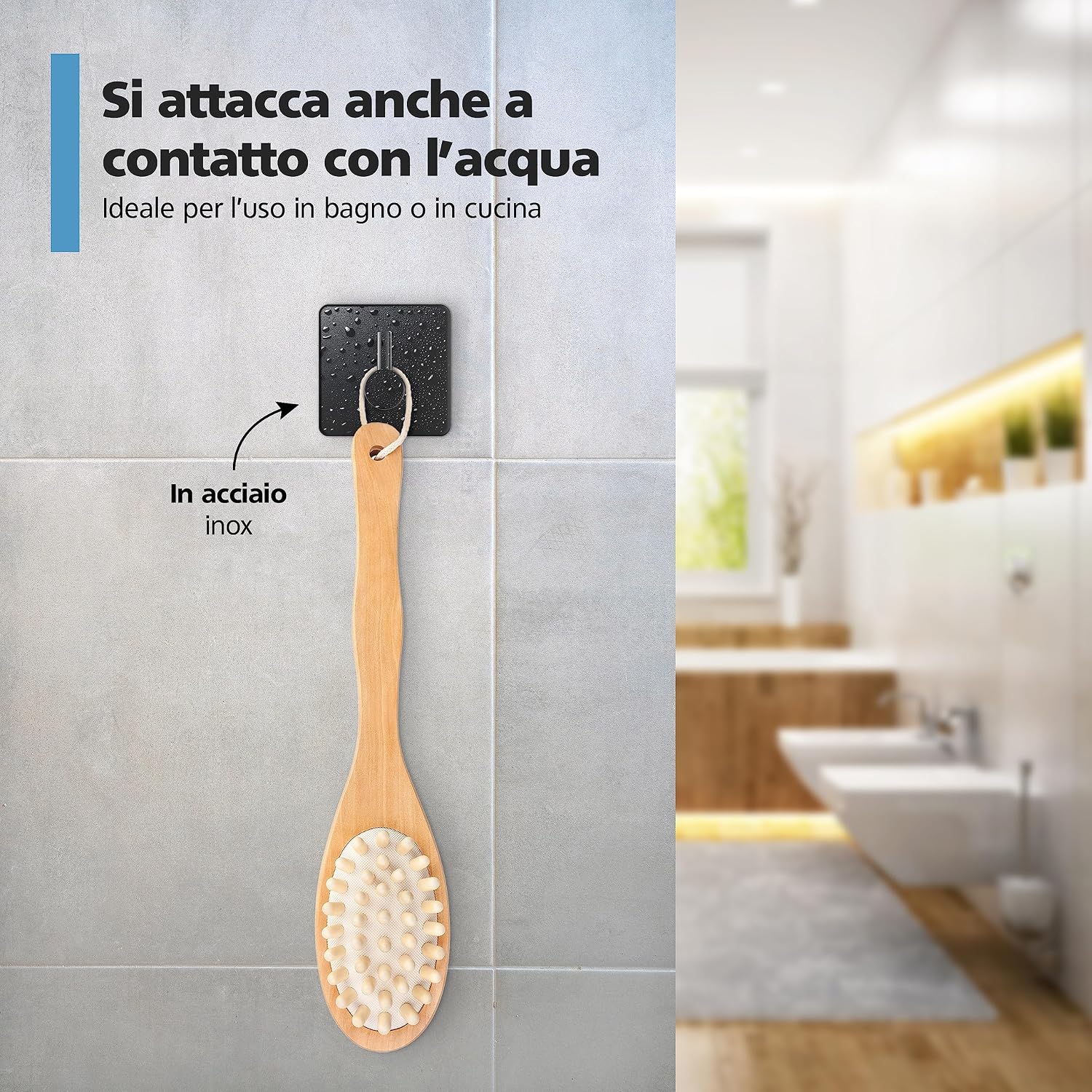 Detalle de virea Ganci da parete auto-adesivi senza forare (set di 4) in nero, inox, fino a 8 kg