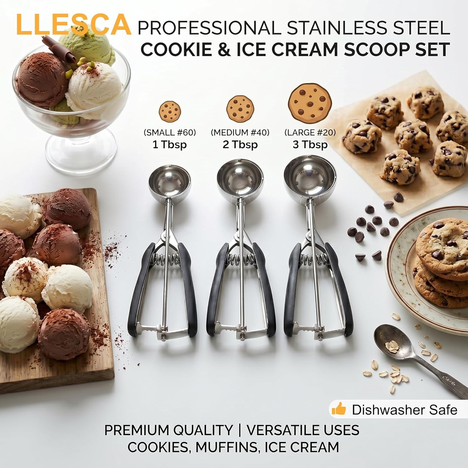 Thumbnail 1 de Cookie Scoop Set, 3Pcs: Ice Cream Scoops with Trigger Release (18/8 Stainless, Non-Slip Grip)